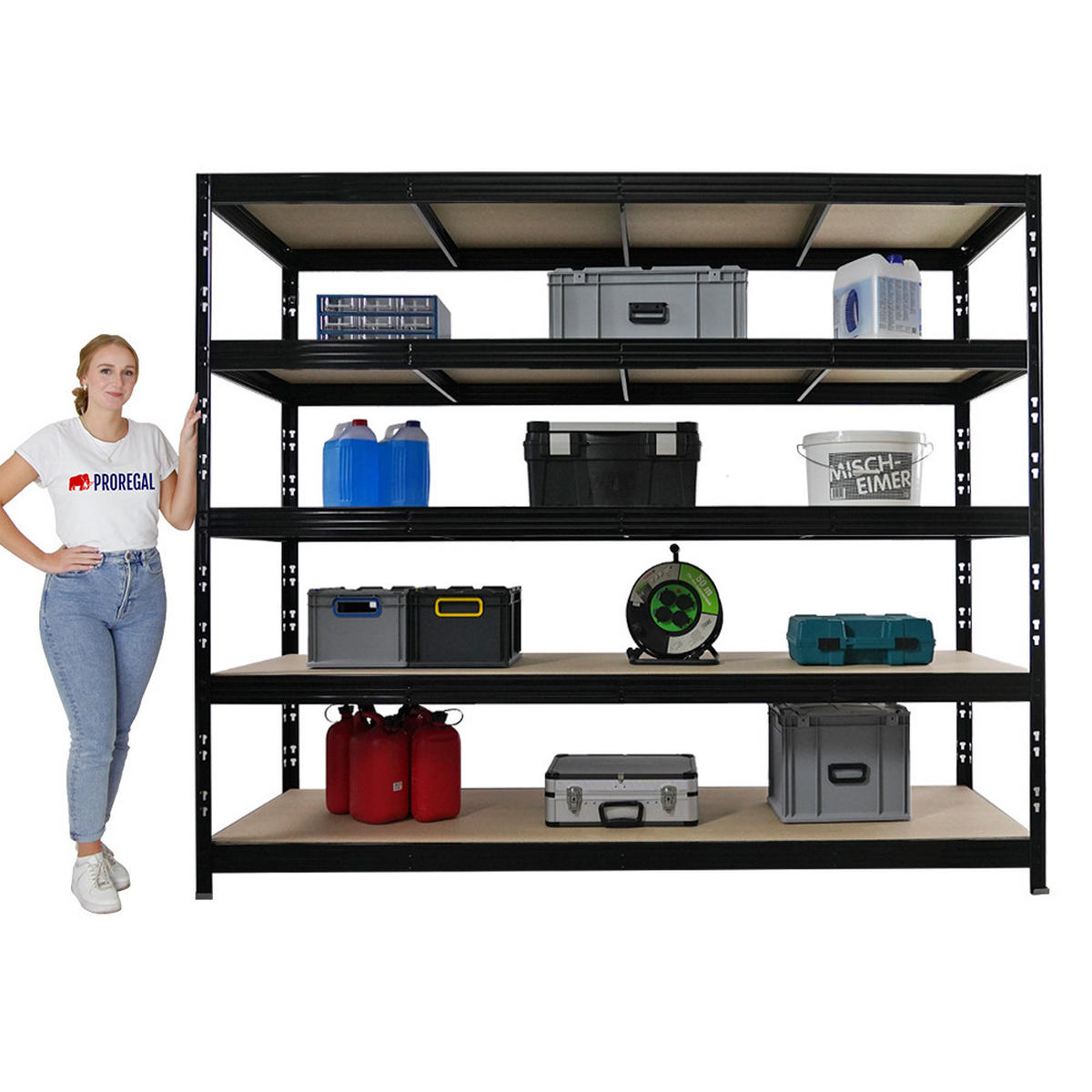 SCHWERLASTREGAL Rhino 200x240x70 cm 5 Spanplatten-Ebenen 8mm Fachlast 450 kg Schwarz - Schwarz, Metall (240/200/70cm) - PROREGAL