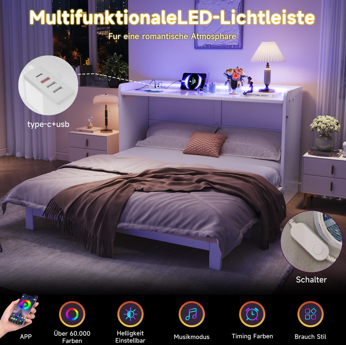 SCHRANKBETT aus MDF 140x200 cm Weiß mit USB, Steckdose, LED-Beleuchtung, Schubladen und Hochglanzfront - Weiß, Holzwerkstoff (90/200cm) - Modfu
