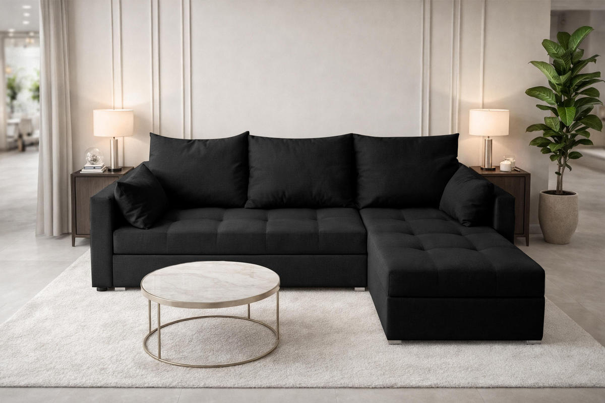 ECKSOFA Universelle L Form Elif Schwarz 220/140/85 cm stilvolle mit Schlaffunktion - Silberfarben/Schwarz, Kunststoff/Textil (220/140cm) - AX Living