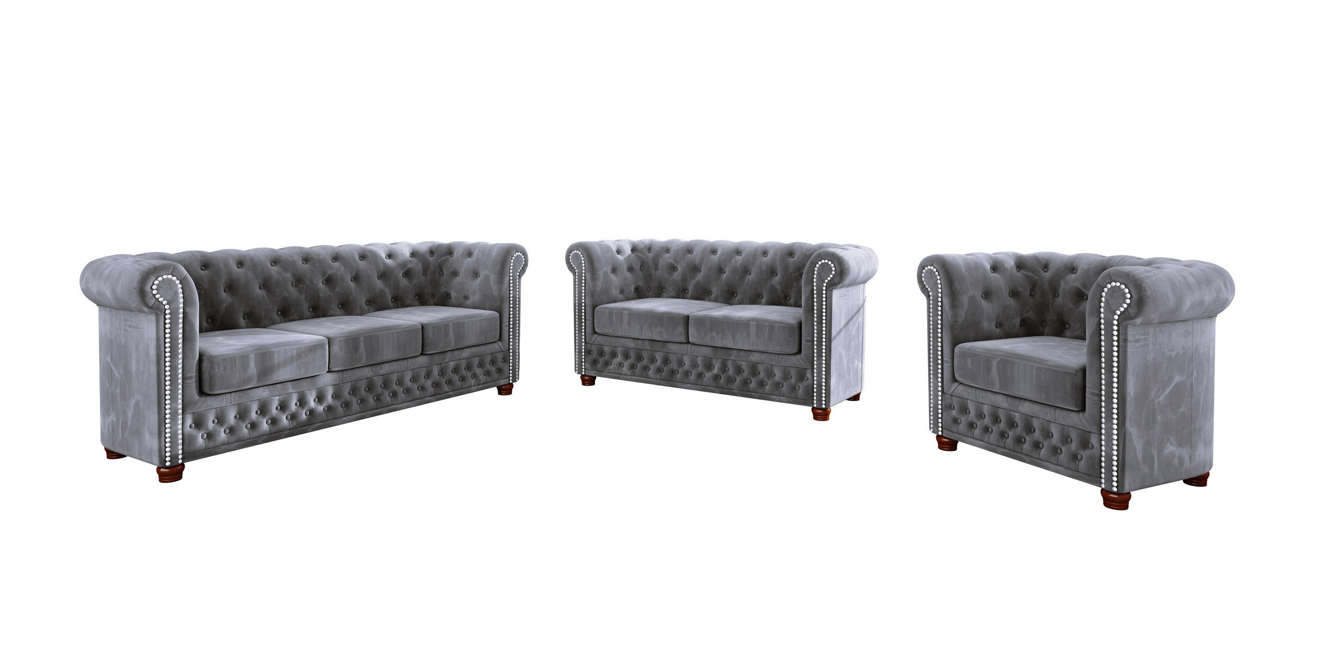 SITZGARNITUR 3+2+1 Chesterfield Lauren Grau Samt - Braun/Grau, Holz/Textil (203/72/86cm) - S-Style Möbel