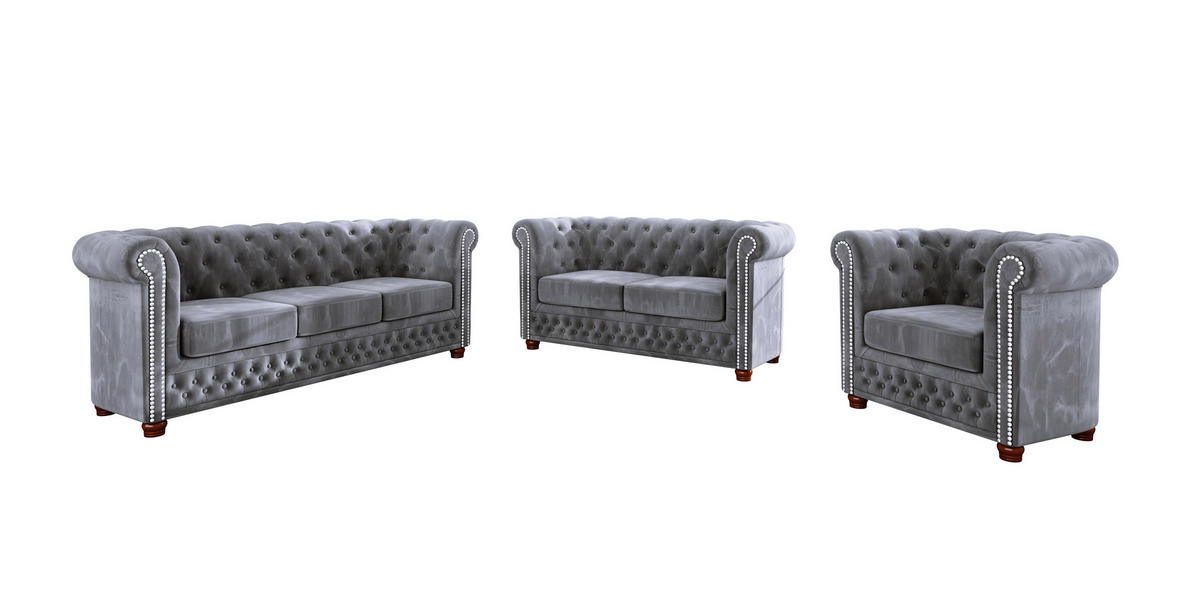 SITZGARNITUR 3+2+1 Chesterfield Lauren Grau Samt - Braun/Grau, Holz/Textil (203/72/86cm) - S-Style Möbel