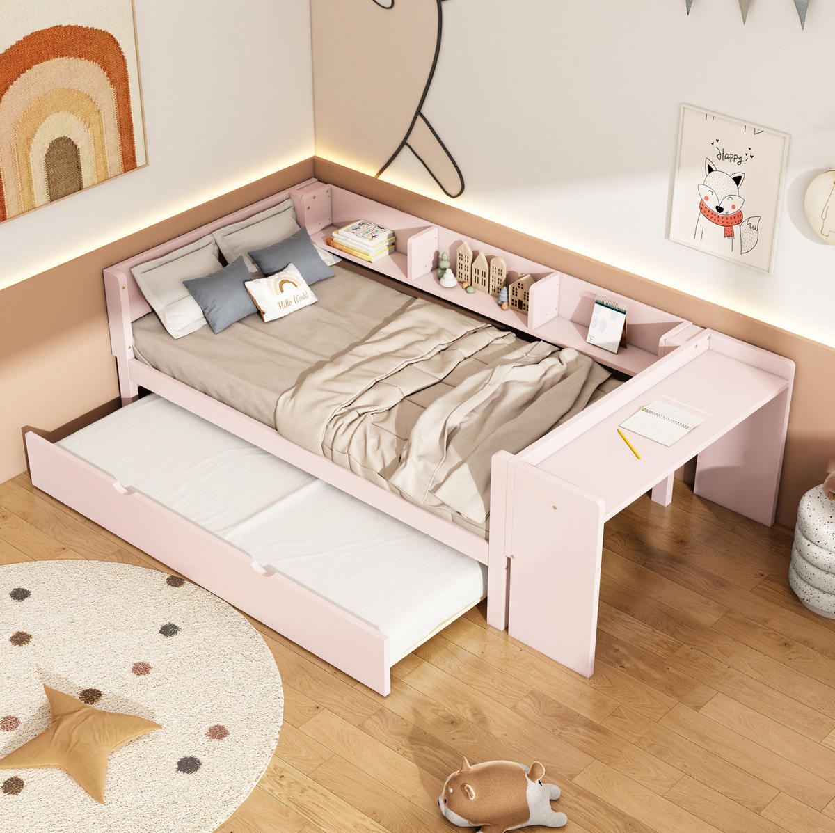 KINDERBETT 90/200 cm mit Ausziehbett, Schreibtisch und 3 Regalen, Rosa - Rosa, Holzwerkstoff (90/200cm) - Redom