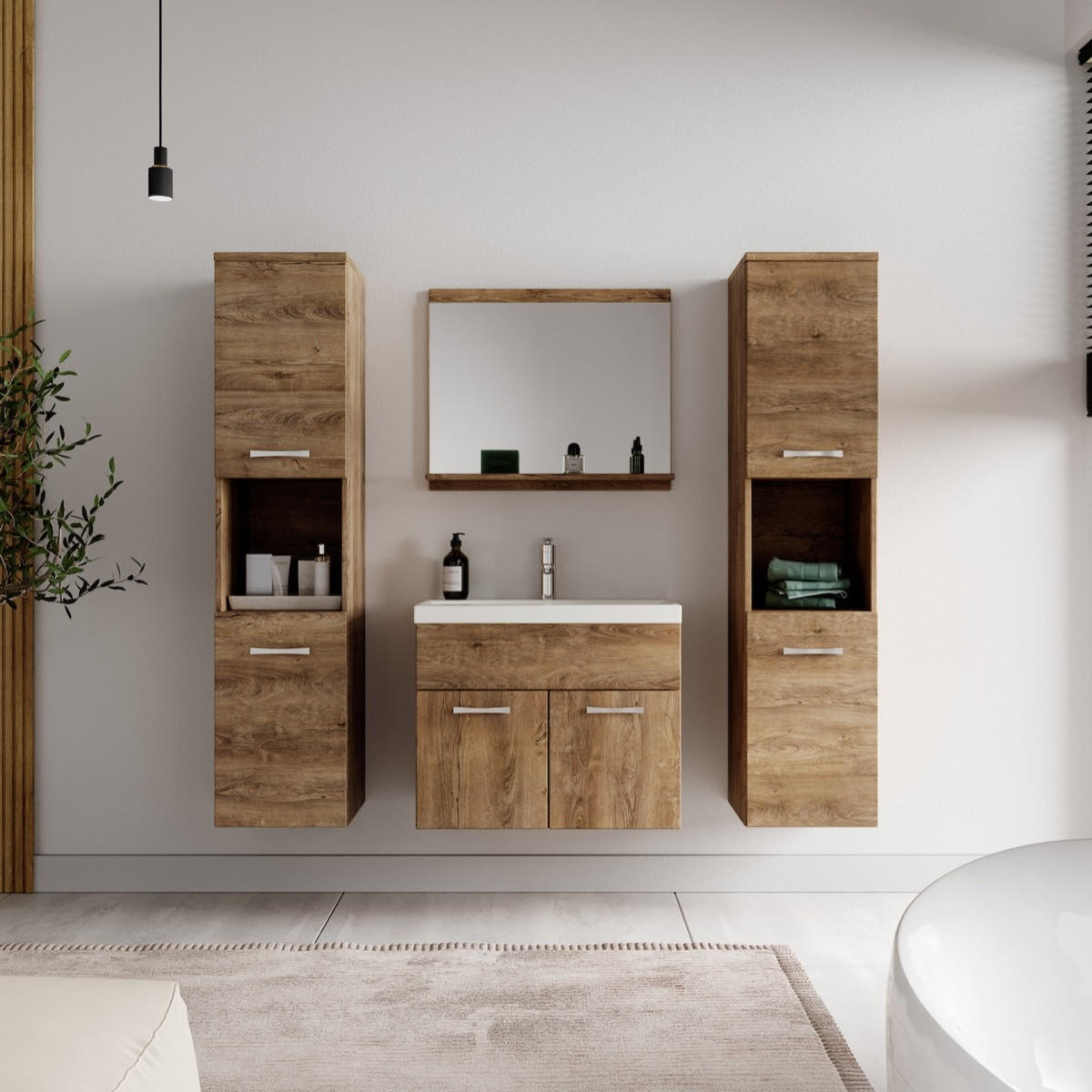 BADMÖBEL-SET Montreal 5 Teile Braun Eiche - 60 x 35 x 51 cm - Chromfarben/Braun, Holz/Metall (60/51/35cm) - Badplaats