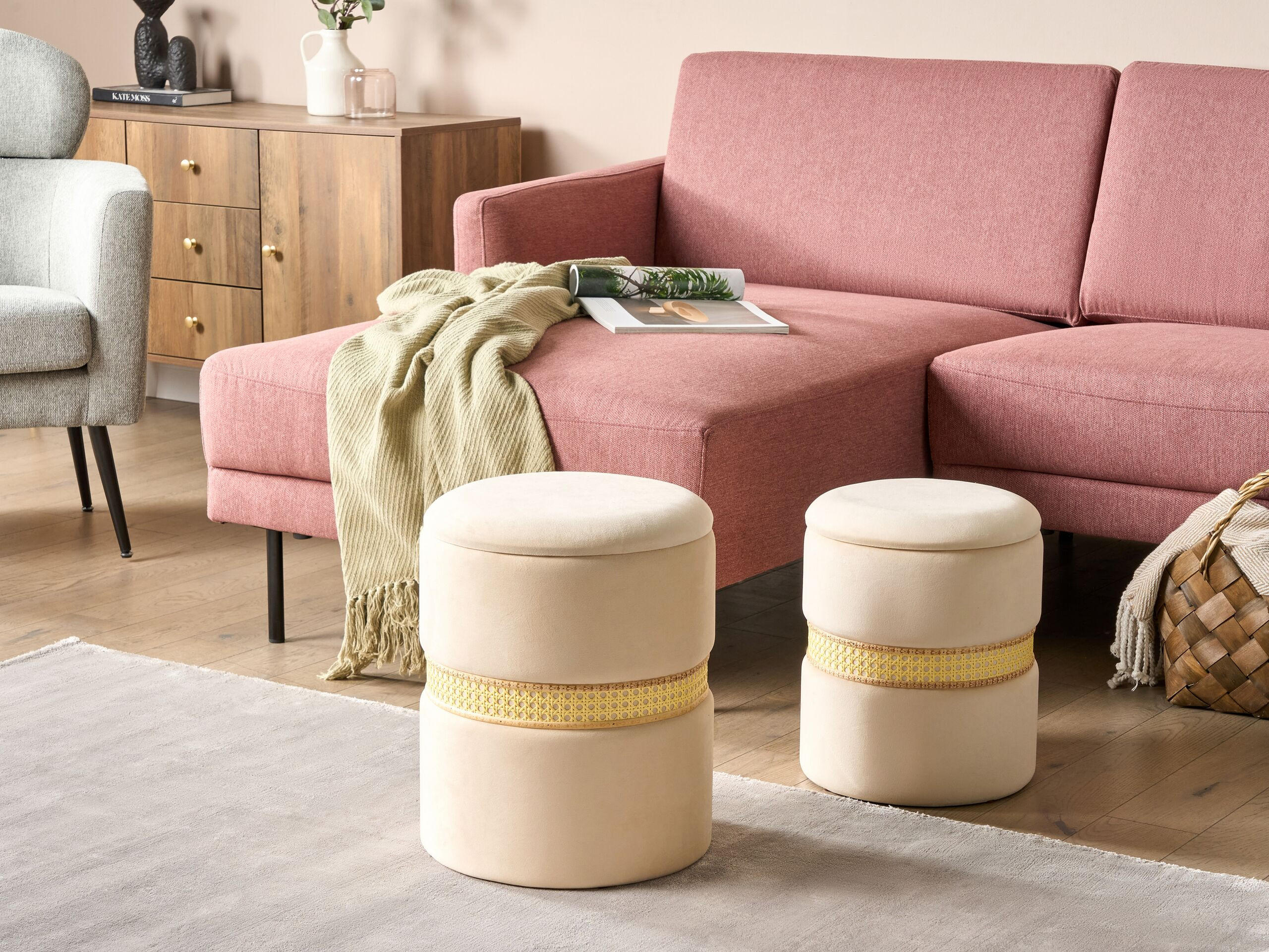 Thumbnail - Beliani Pouf, Beige, Textil, 1-Sitzer, Rund, 30x38x30 cm, Wohnzimmer, Hocker, Poufs