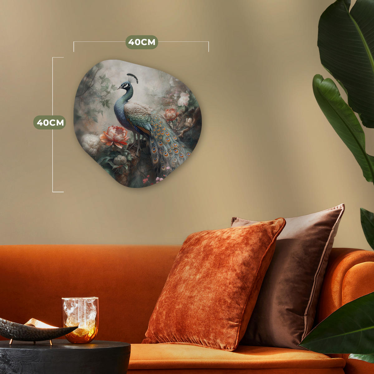 WANDBILD Pfau - Pfauenfedern - Vogel - Dschungel - Blumen 40x40 cm - Smaragdgrün, Kunststoff (40/40cm) - MuchoWow