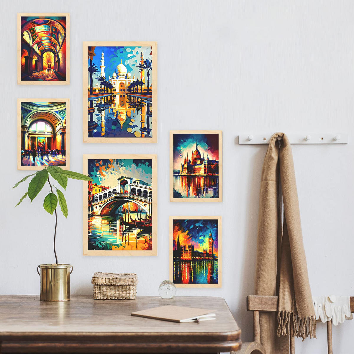 POSTER Set Mit 6 Fluss Im Ölgemälde Stil A3 & A4 Rahmen Aus Hellem Holz - Beige, Papier (29/3cm) - Nacnic