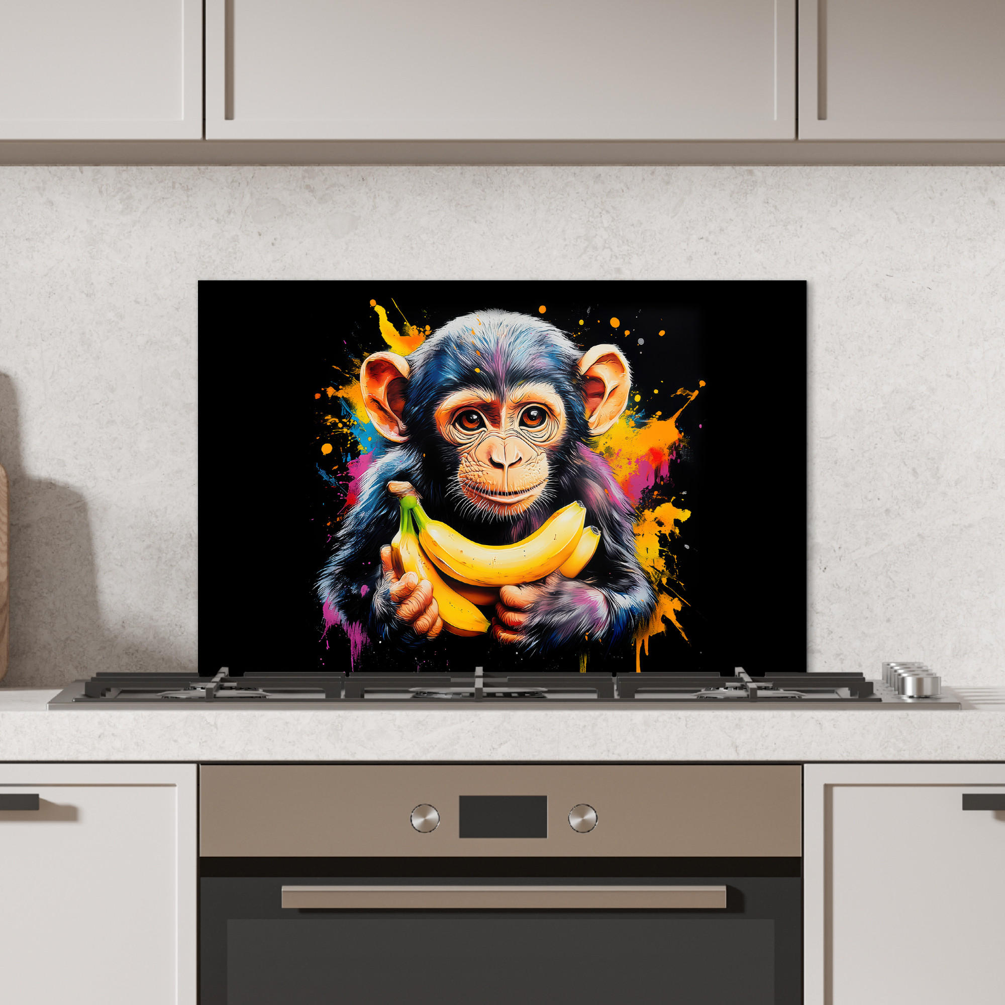 SPRITZSCHUTZ KÜCHE Affe - Graffiti - Farbenfroh - Bananen - Modern 60x40 cm - Gelb, Metall (60/0.3/40cm) - MuchoWow