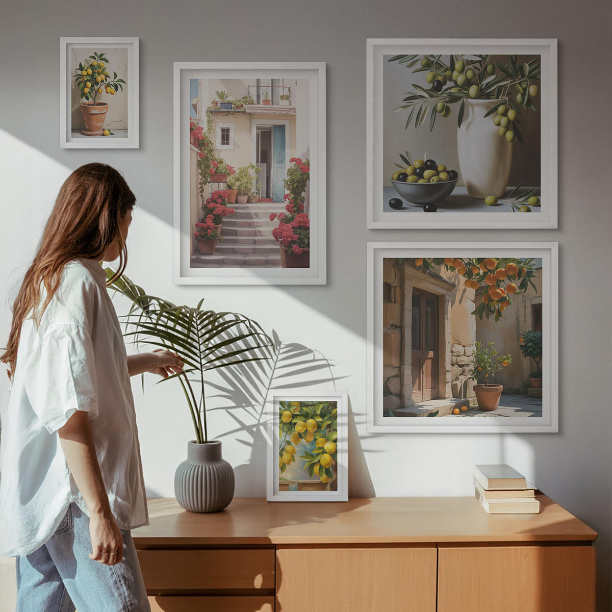 WANDBILDER 5er-Set - 50x50 cm & 20x30 cm & 40x60 cm Weißer Rahmen - Italienische Zitrus-Modeplakate - Weiß, Kunststoff (40/60cm) - ArtPrintCave