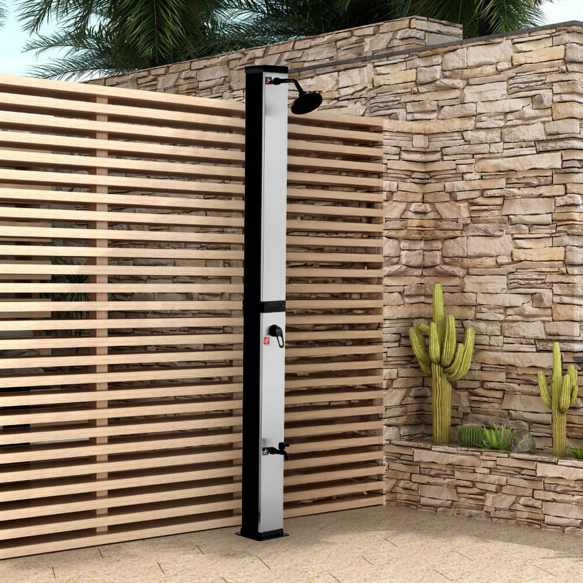 SOLARDUSCHE OLYMP - Gebürstetes Nickel / Schwarz - Schwarz/Nickelfarben, Kunststoff/Metall (19/19/217cm) - Home Deluxe