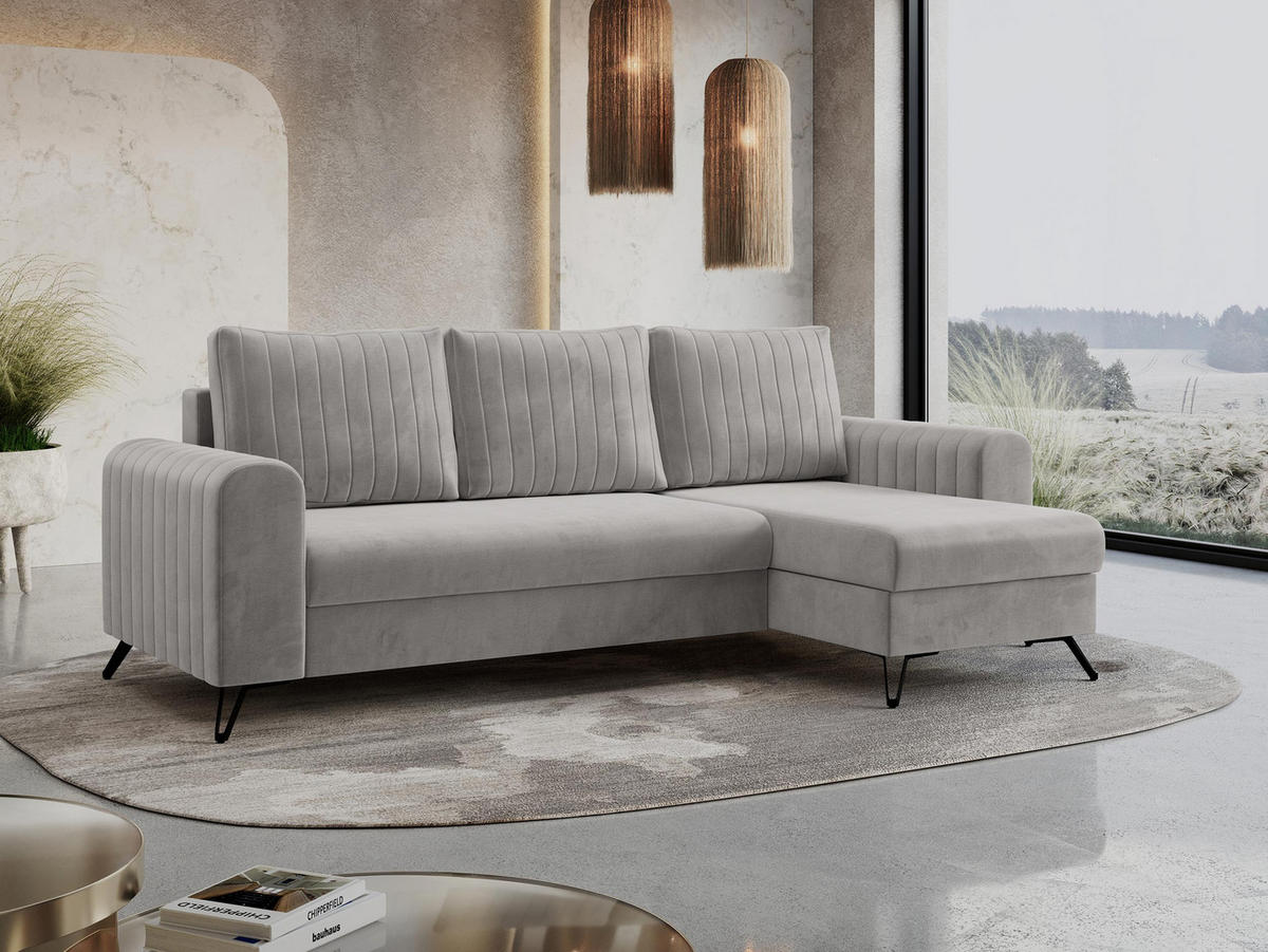 ECKSOFA Axel Velvet Hellgrau - Hellgrau/Schwarz, Textil/Metall (242/140cm) - MKS