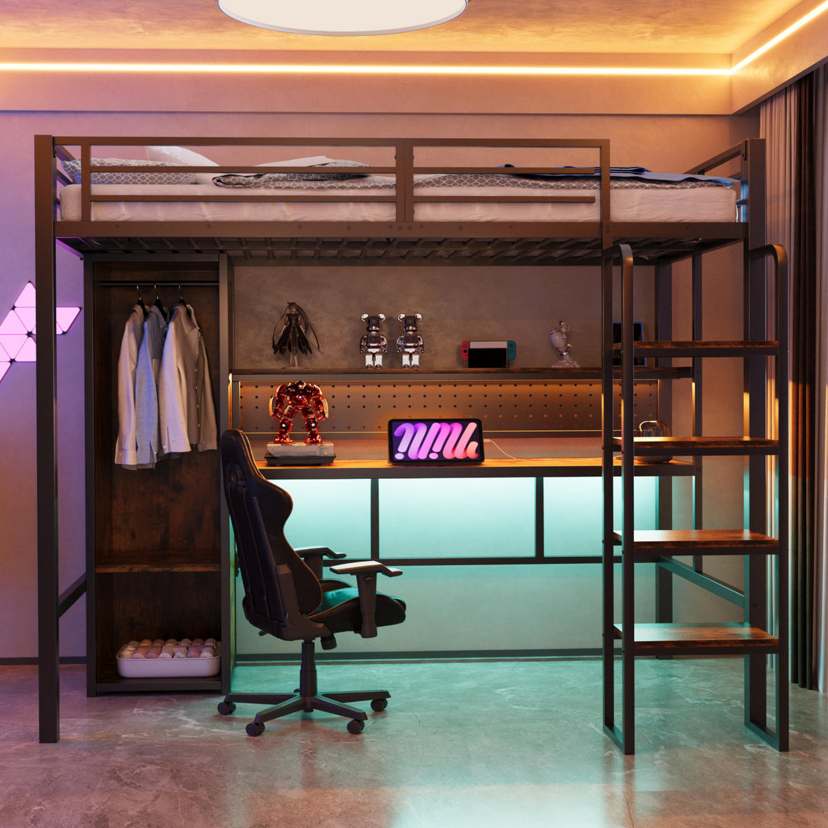 HOCHBETT 90/200 cm in Schwarz mit Schreibtisch, LED, Regal und Kleiderschrank - Schwarz, Holzwerkstoff/Metall (90/200cm) - CHICFURN