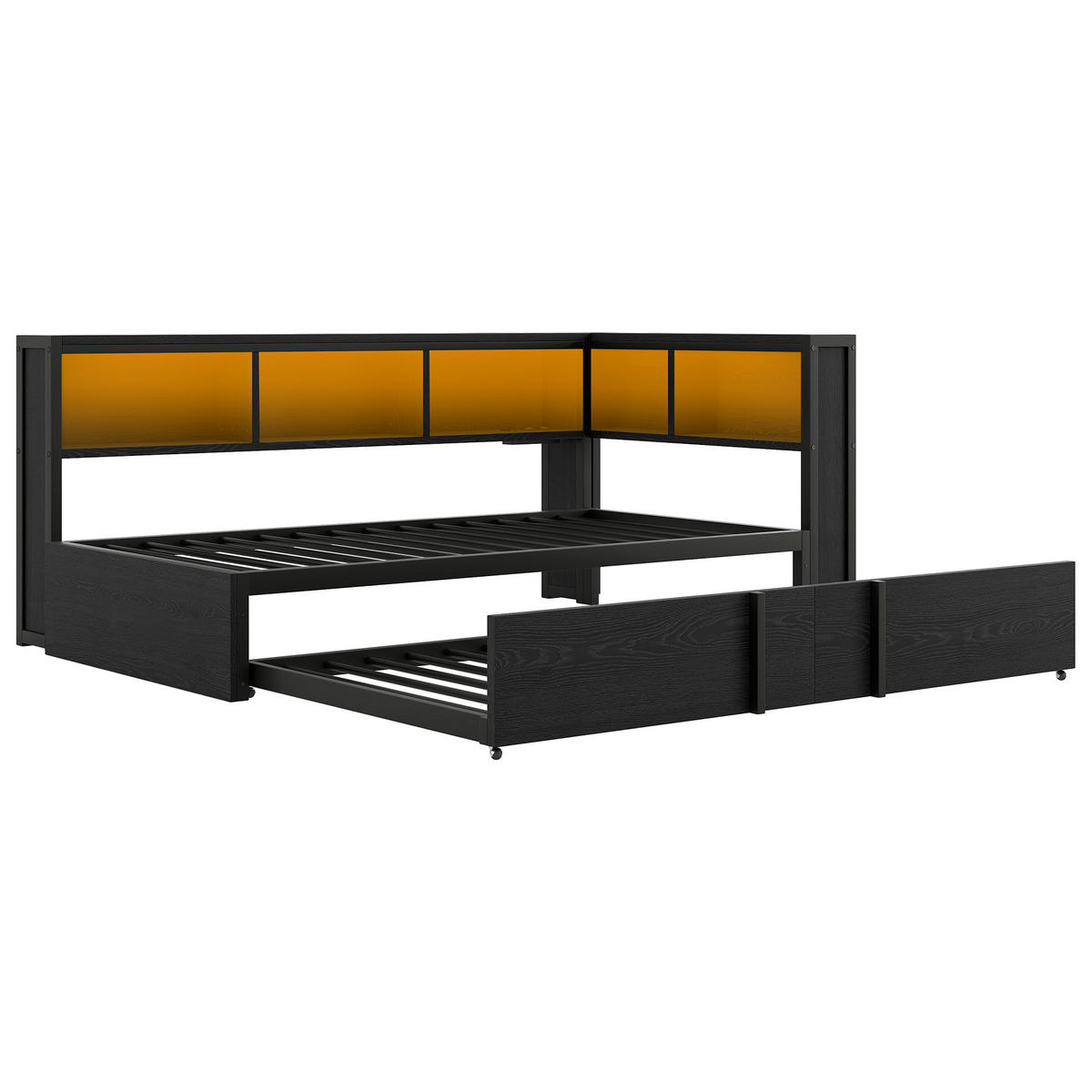 AUSZIEHBETT 90/200 cm DE-03418, mit Stauschränken, LED und USB, in Schwarz - Schwarz, Holzwerkstoff/Metall (90/200cm) - ComfortXL