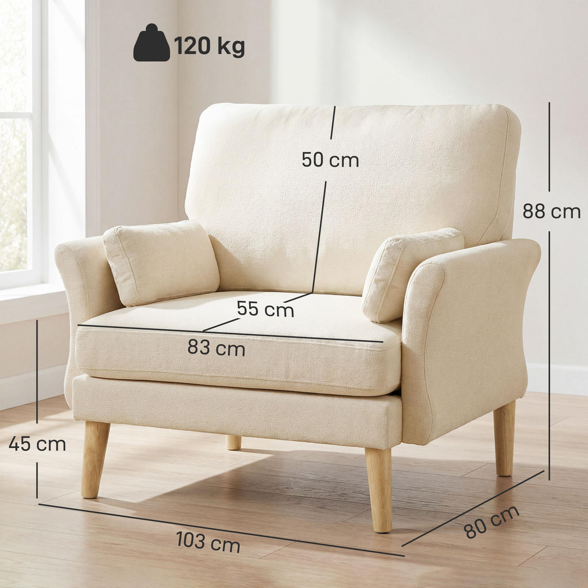 FÅTÖLJ i polyester och gummiträ, krämvit - Cremefärgad/Naturfärgad, Trä/Textil (80/88/103cm) - HOMCOM
