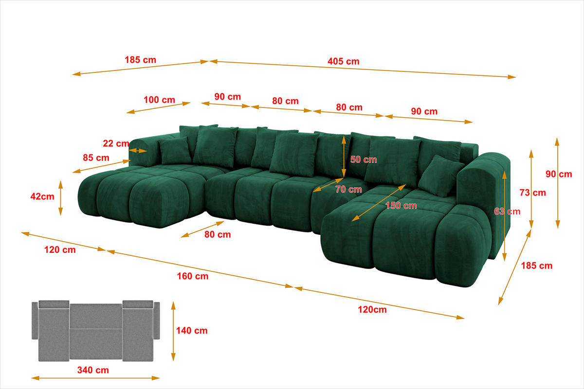 WOHNLANDSCHAFT CLOUD-U-v1 405x185x90 Dunkelgrün Velours - Dunkelgrün, Holzwerkstoff/Kunststoff (405/90/185cm) - ALTDECOR