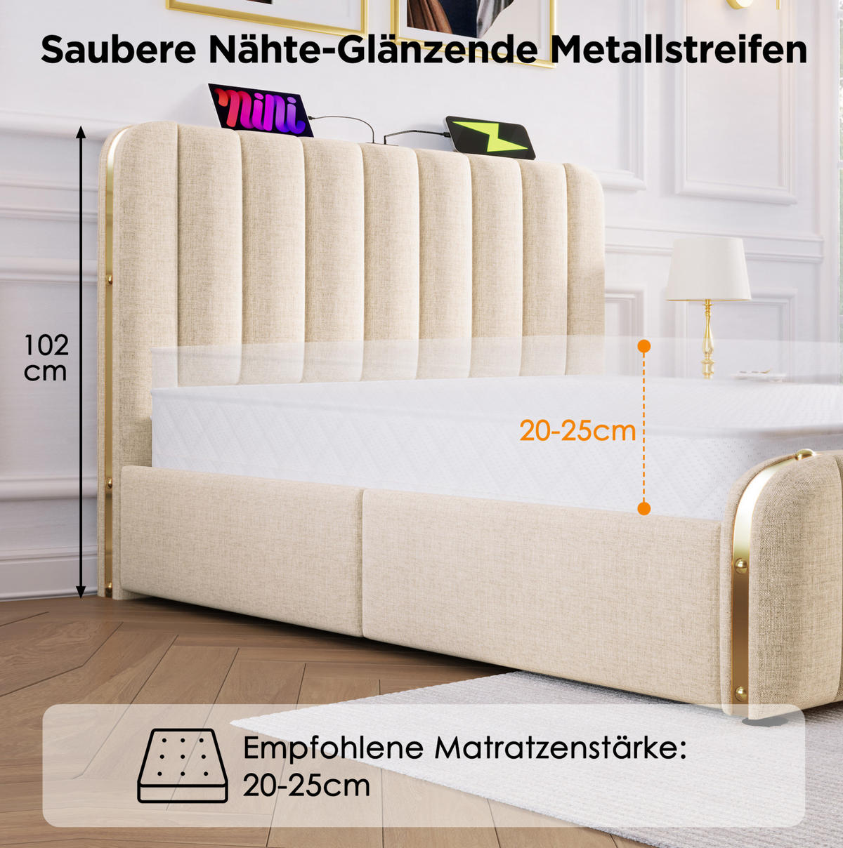 ČALOUNĚNÁ postel 180/200 cm béžová z lnu s USB-C nabíjením a 4 zásuvkami s matrací - béžová, textil (180/200cm) - OKWISH