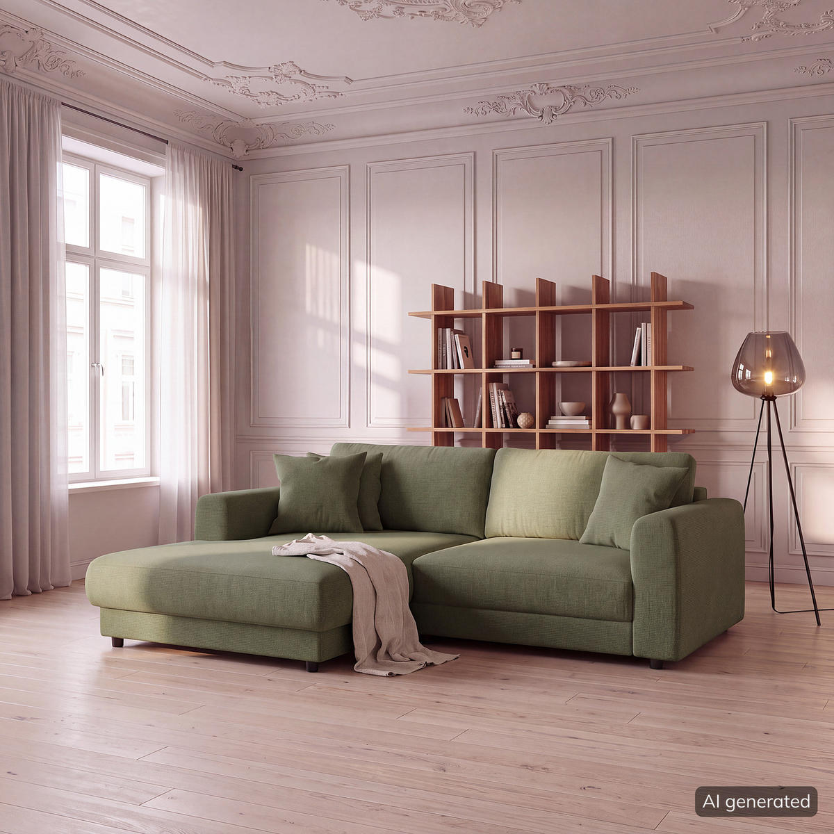 ECKSOFA mit Longchair - Schwarz/Grün, Holz/Kunststoff (238/183cm) - home24