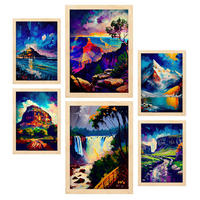 POSTER Set Mit 6 Blau Im Ölgemälde Stil A3 & A4 Rahmen Aus Hellem Holz - Beige, Papier (29/3cm) - Nacnic