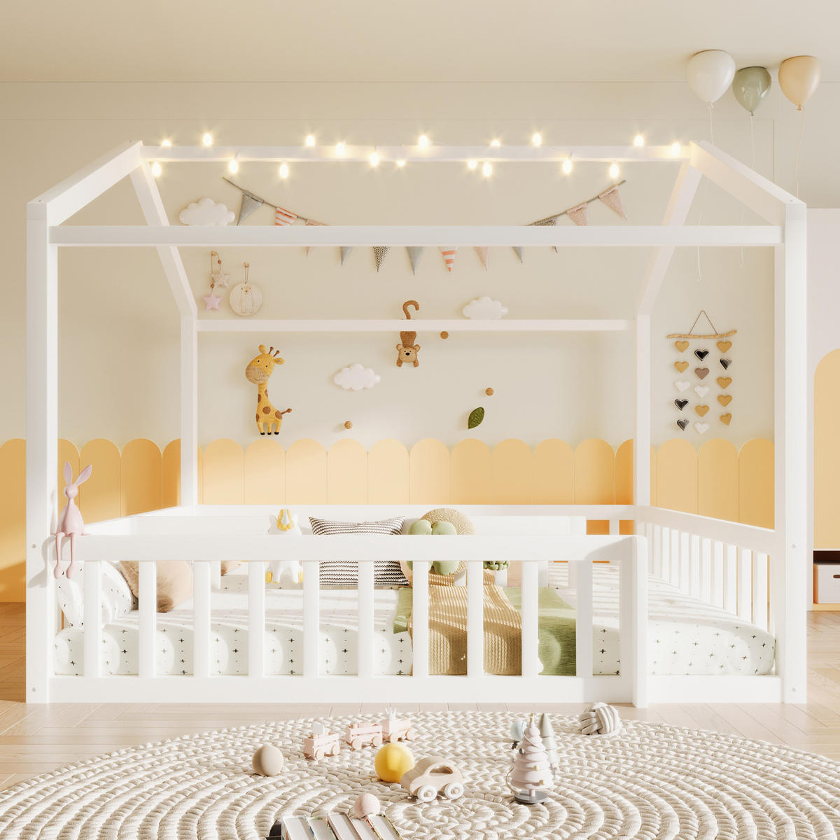 KINDERBETT 90/190 cm & 180/190 cm in Weiß Hausbett mit Gitter und LED - Weiß, Holzwerkstoff (90/190cm) - STILVORA