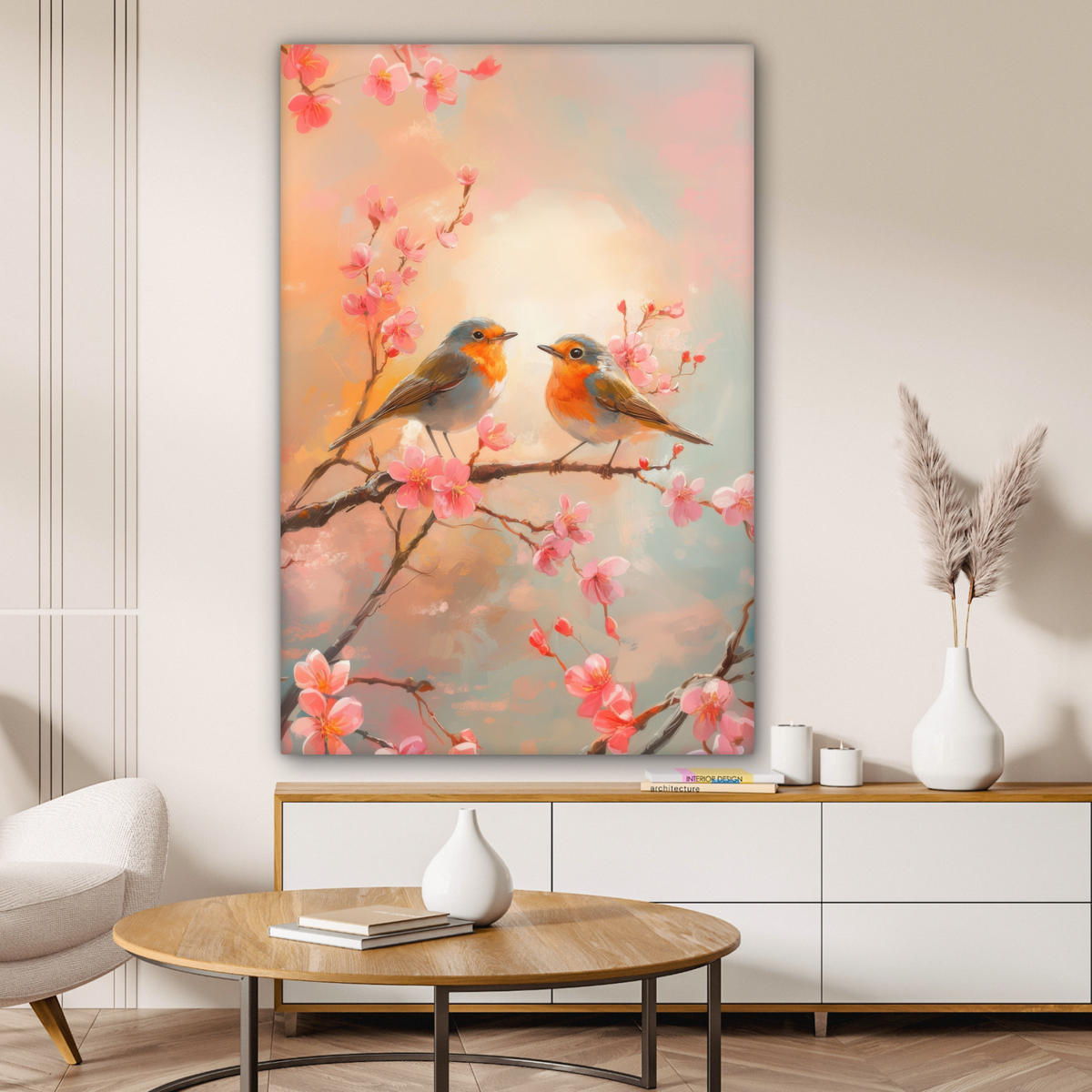 LEINWANDBILD Rotkehlchen - Zierpflanze - Blütenzweig Deko XXL 80x120 cm - Hellrosa, Textil (80/120cm) - MuchoWow