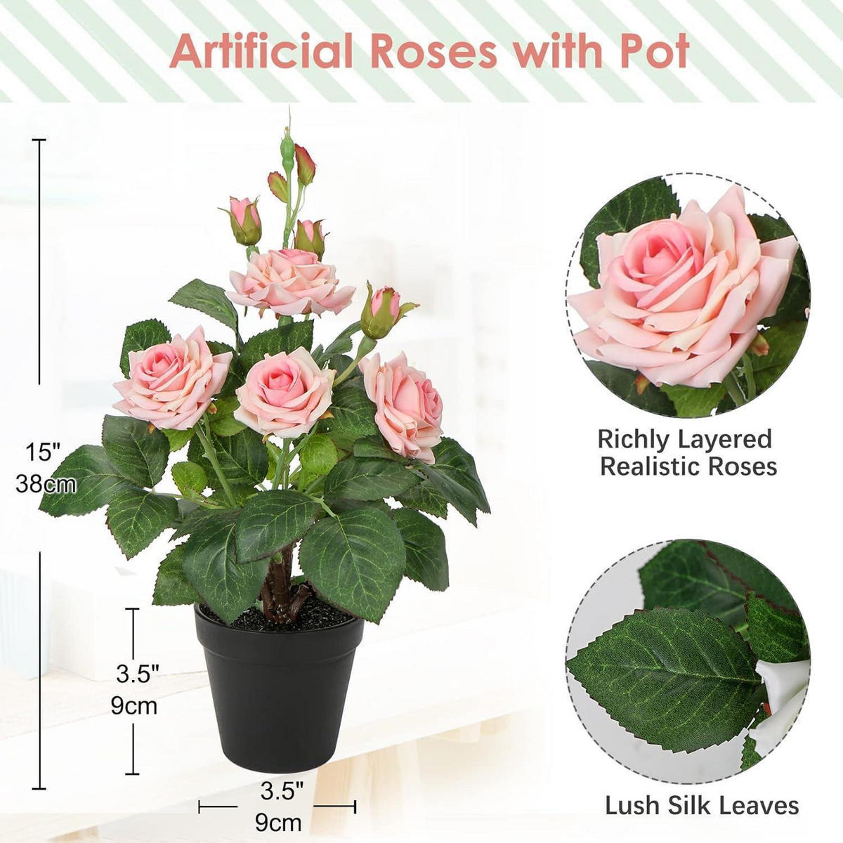 KUNSTROSEN im Topf Rosa 34 cm - Rosa, Kunststoff (33cm)