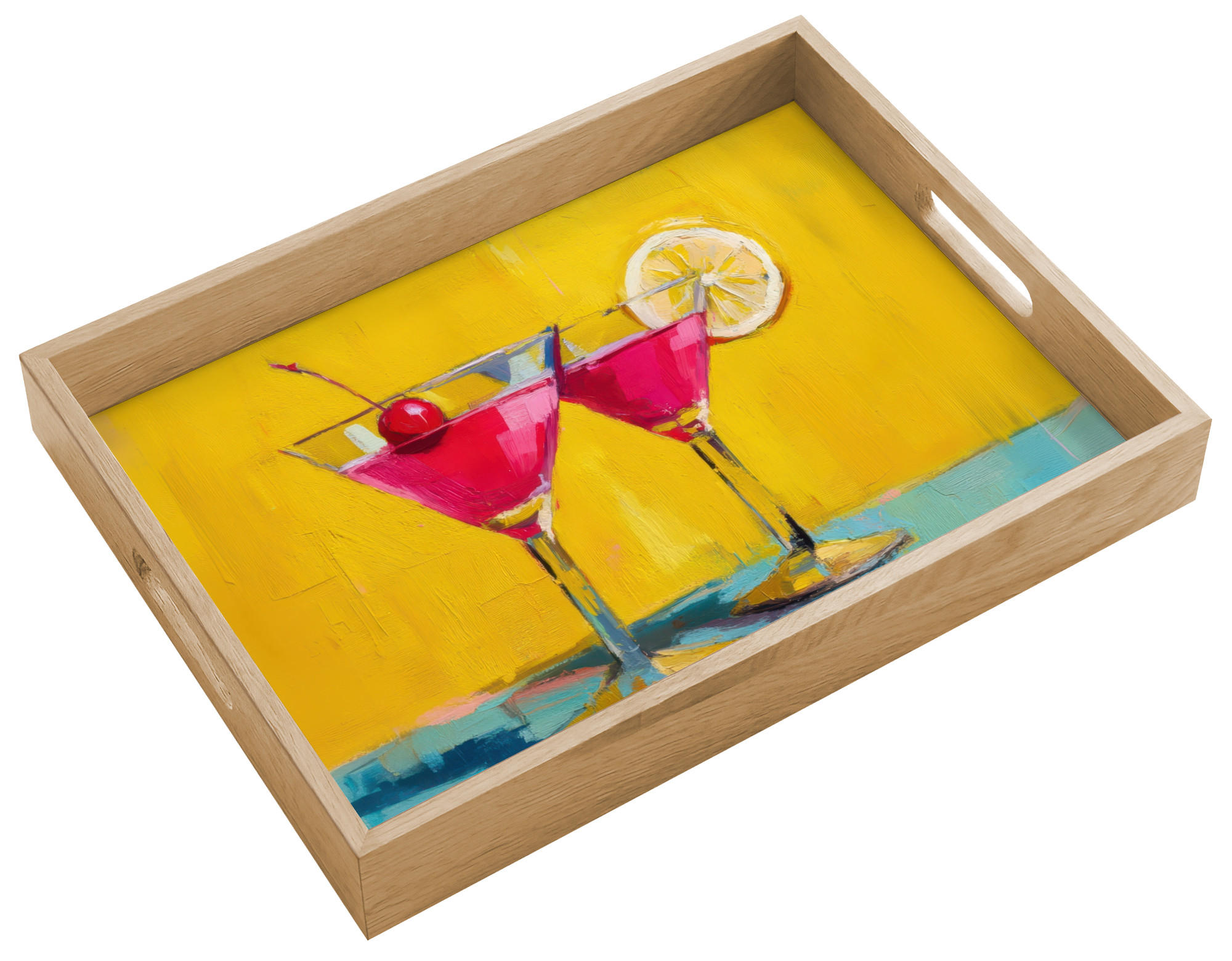PODNOS Skleničky - koktail - citrón - čerešňa 40x30 cm - žltá, drevo (40/5/5cm) - OnlyWow