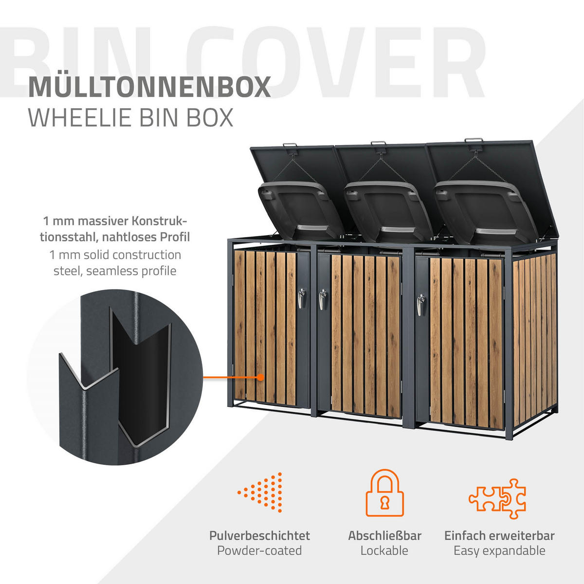 MÜLLTONNENBOX 3er Anthrazit-Eichenoptik - Graubraun, Metall (80/116.3/200cm) - ML-DESIGN