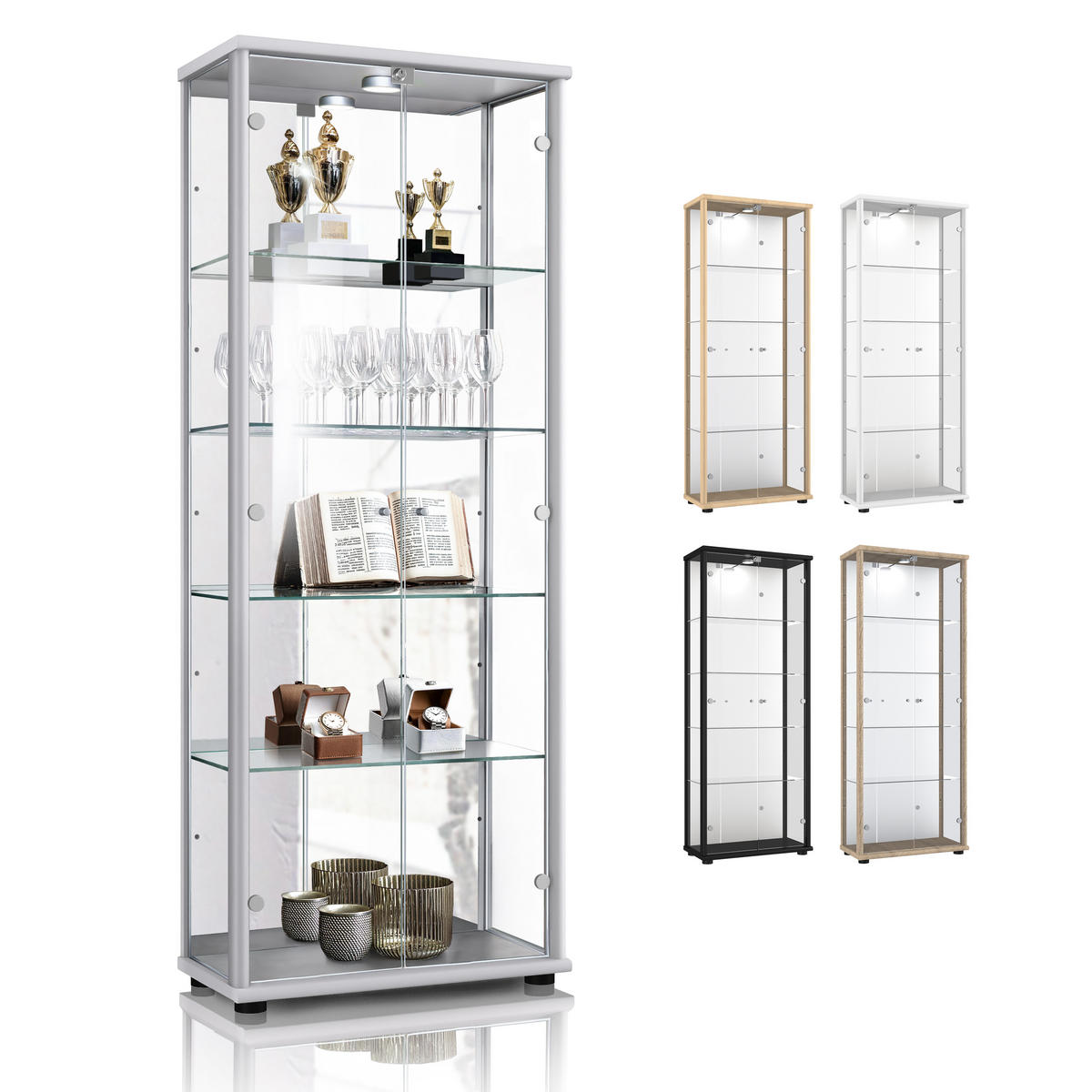 GLASVITRINE 33/67/176 cm mit Spiegel, LED, Schloss & 4 höhenverstellbaren Glasböden - Transparent/Silberfarben, Glas/Holzwerkstoff (67/176/33cm) - K-Möbel