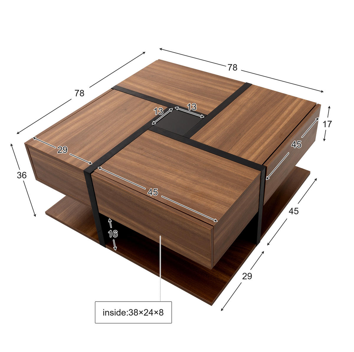 COUCHTISCH 78/78/36 cm Natur aus Spanplatte mit 4 Schubladen - Naturfarben, Holzwerkstoff (78/78/36cm) - OKMYHOME