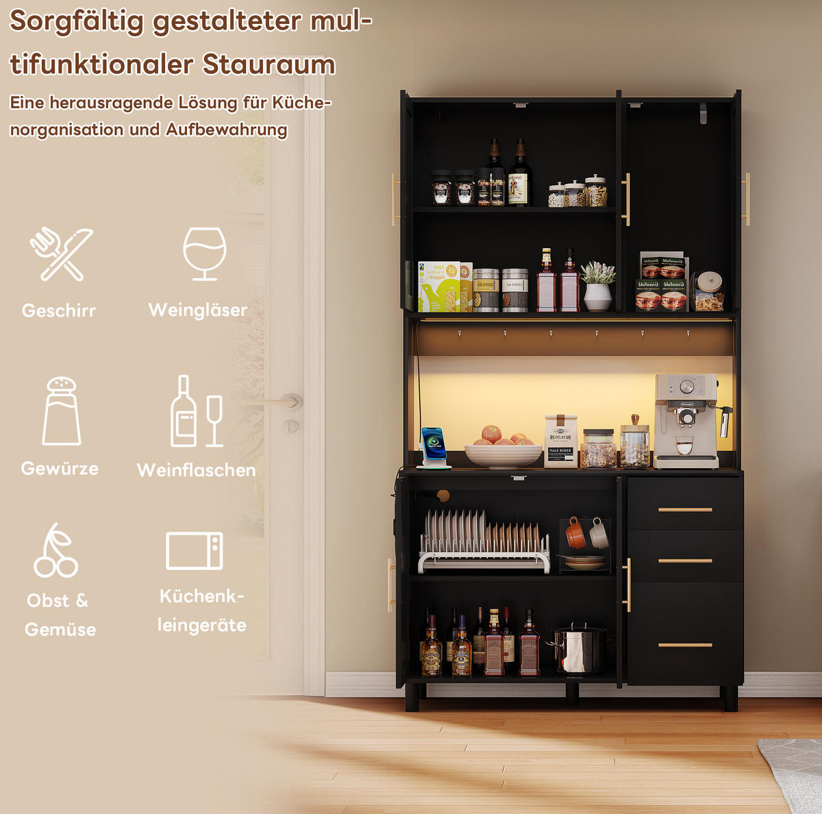 ANRICHTE Küchenanrichte 183 cm aus MDF mit LED-Beleuchtung und verstellbaren Einlegeböden Schwarz - Schwarz, Holzwerkstoff (100/183/40cm) - Modenvie
