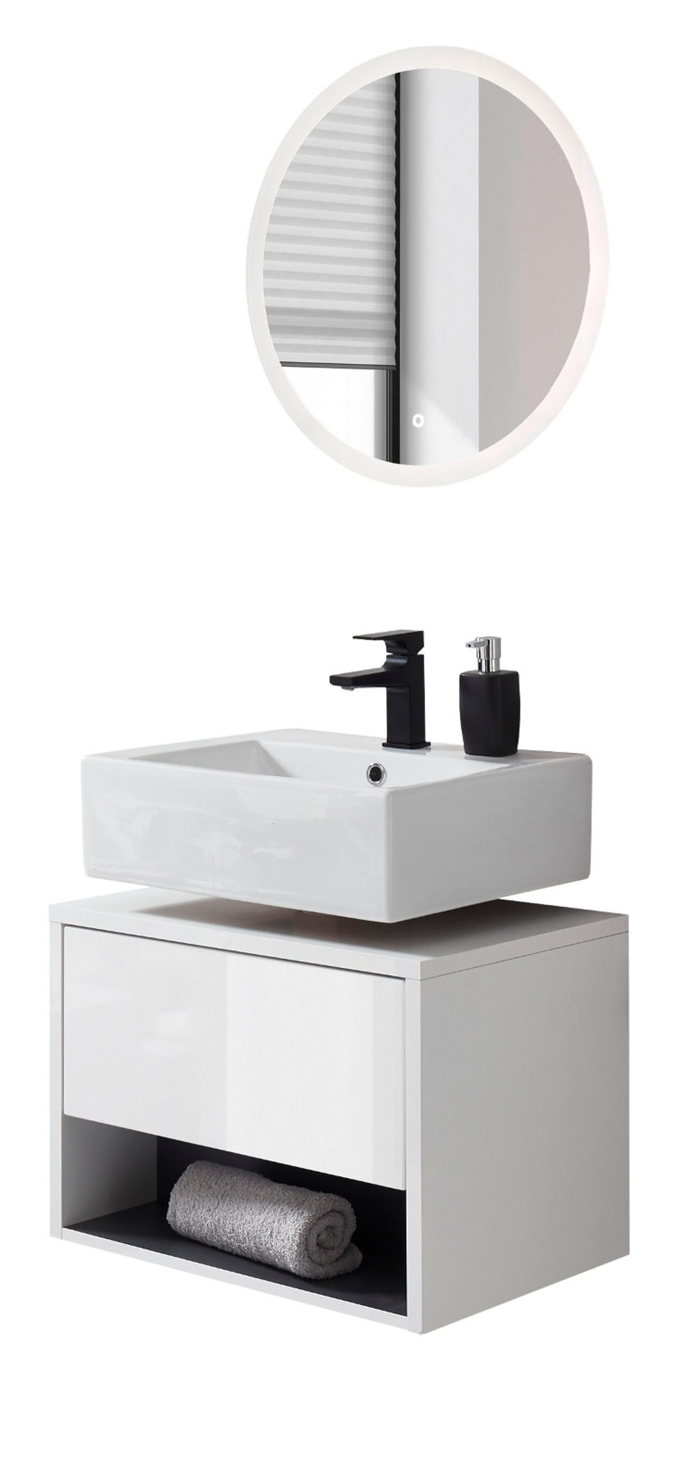 BADMÖBEL Set 2-teilig in weiß Hochglanz und grau mit LED Beleuchtung 60 x 190 cm Glide - Weiß Hochglanz/Grau, Glas/Holzwerkstoff (60/190/46cm) - Furn.Design