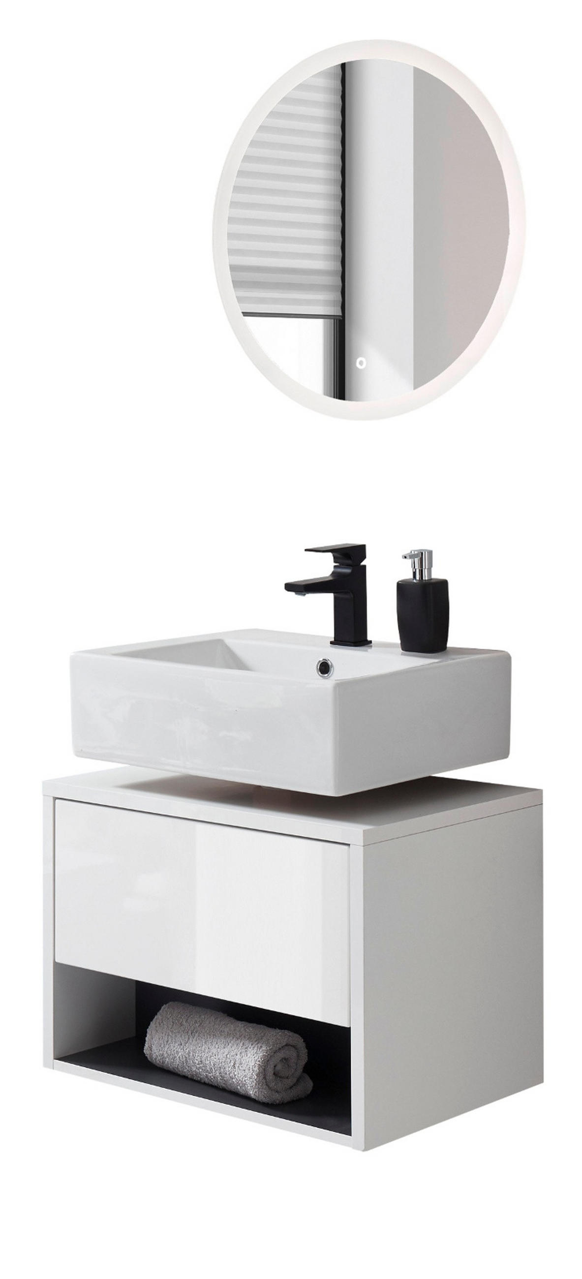 BADMÖBEL Set 2-teilig in weiß Hochglanz und grau mit LED Beleuchtung 60 x 190 cm Glide - Weiß Hochglanz/Grau, Glas/Holzwerkstoff (60/190/46cm) - Furn.Design