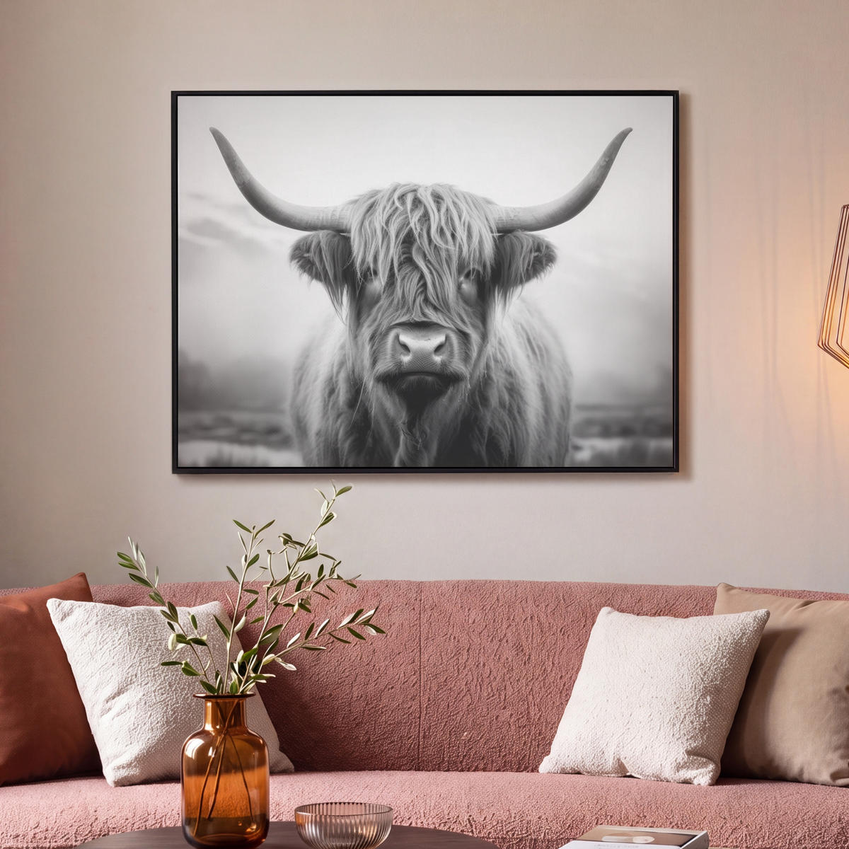 LEINWAND Bilder mit Rahmen - Schottischer Highlander - Nebel - Schwarz - Weiß - 100x70 - Grau, Textil (100/70cm) - MuchoWow