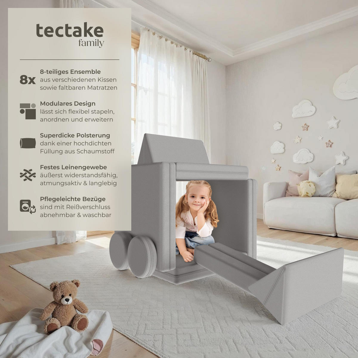 SPIELSOFA Lilly,stapelbar,grau - Grau, Textil (120/45/60cm) - tectake