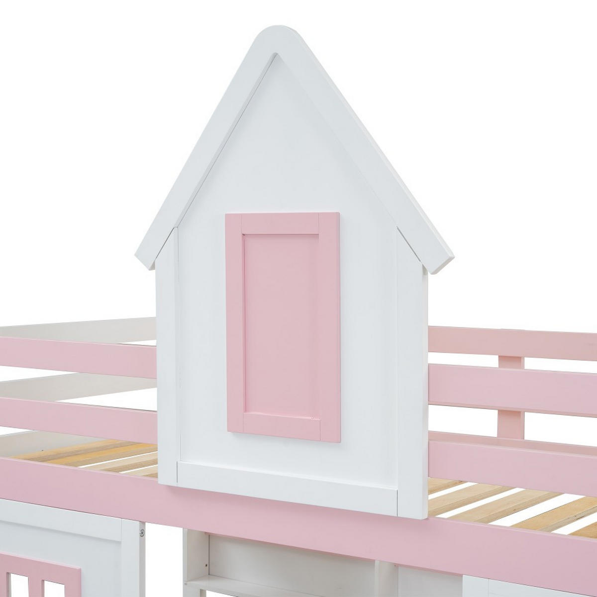 ETAGENBETT 90x200cm in Weiß+Rosa mit Dach und Fenster - Pink, Holz (90/200cm) - KOMHTOM