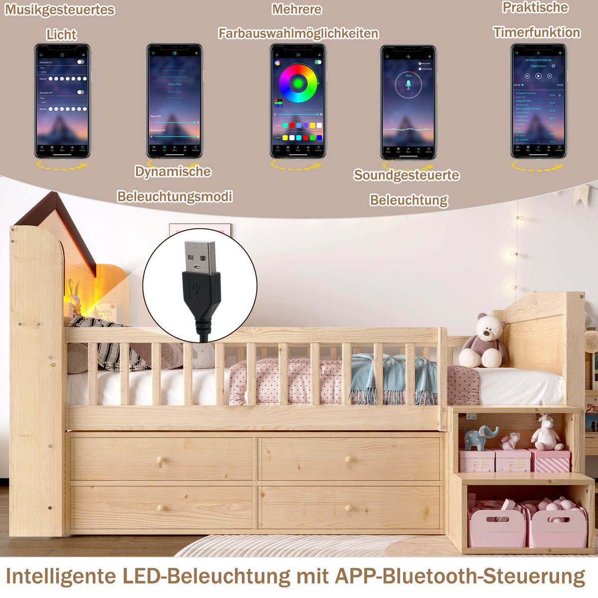 KINDERBETT 90/200 cm in Natur mit 4 Schubladen, LED und Regal - Naturfarben, Holz/Holzwerkstoff (90/200cm) - WISHDOR