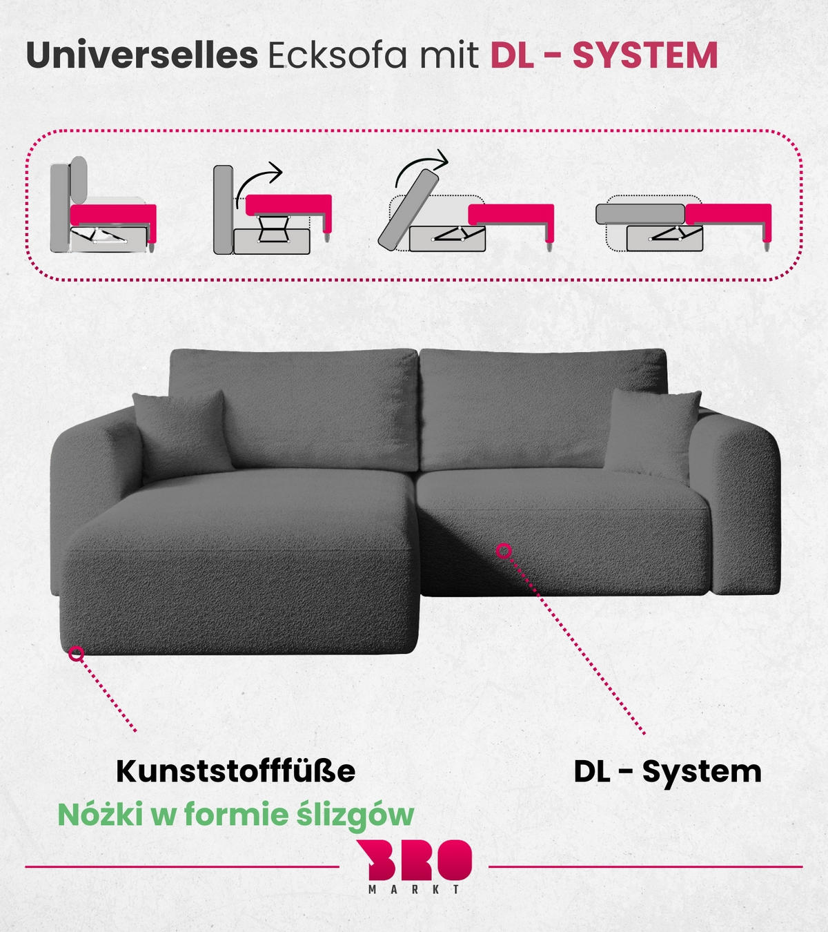 ECKSOFA Kornel mit Schlaffunktion Dunkelgrau Boucle - Dunkelgrau, Textil (248/165cm) - Bromarkt