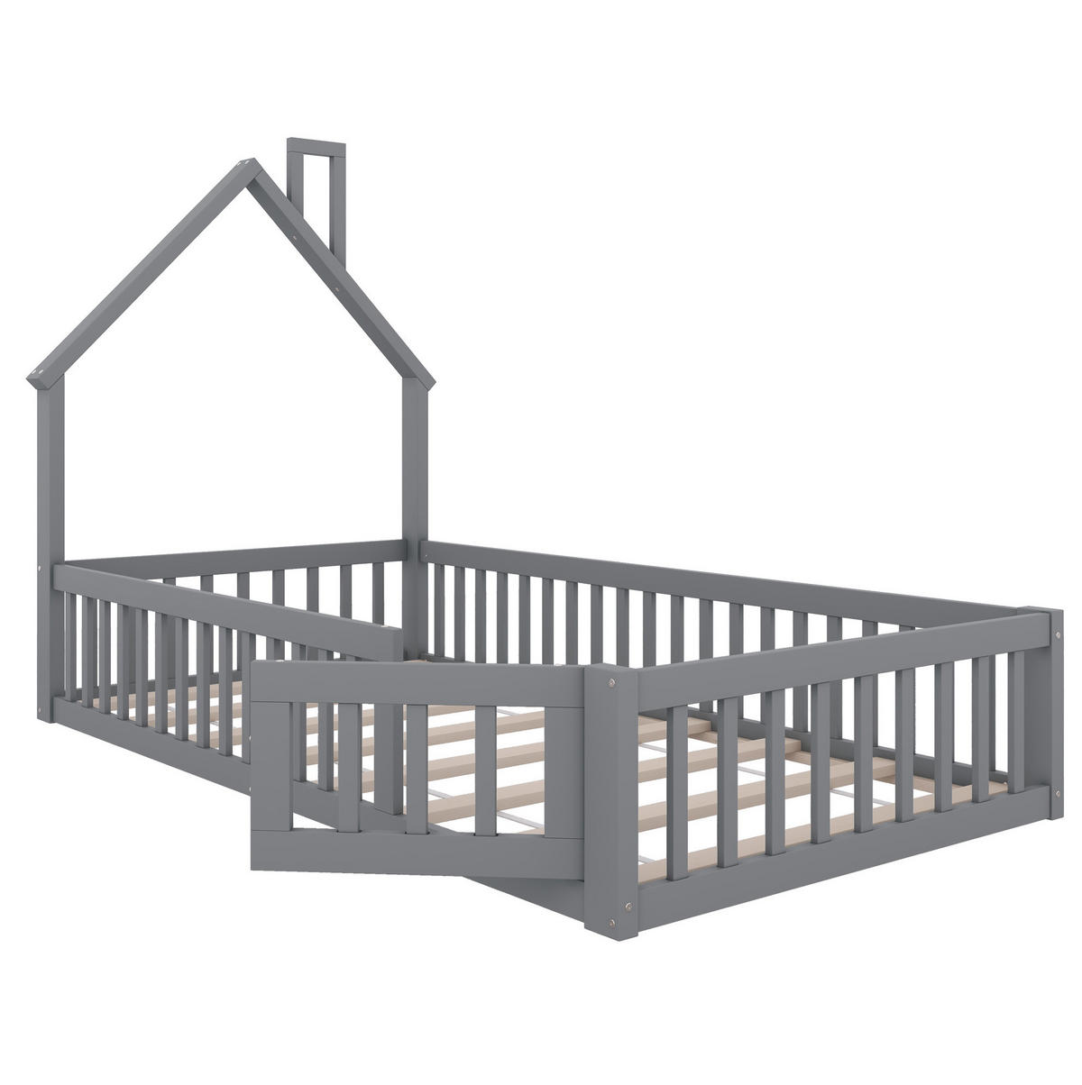 HAUSBETT Schornsteinform 90/200 cm, Grau mit Sicherheitsgitter - Grau, Holz (90/200cm) - MIVRAY
