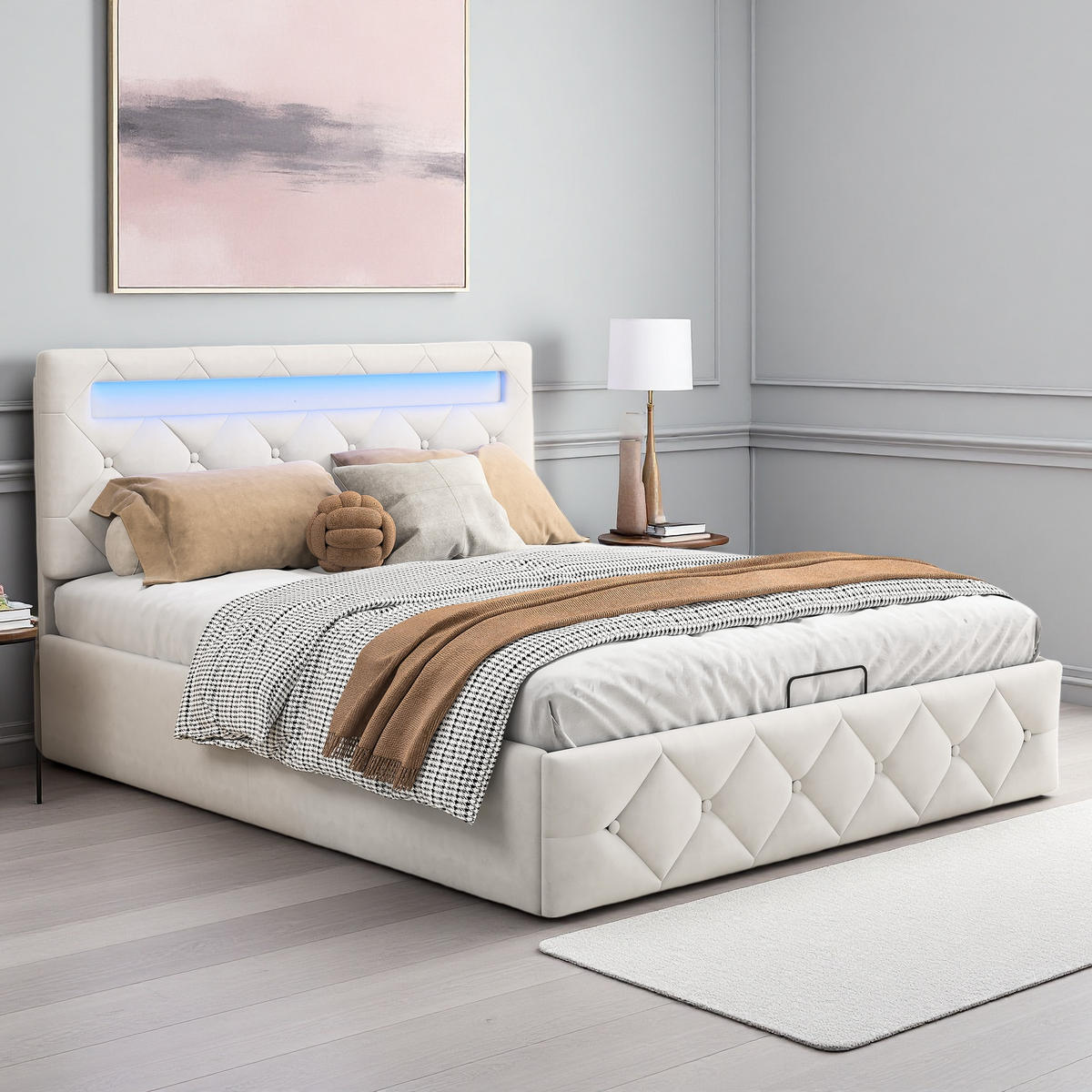 POLSTERBETT 140x200 cm Apricot Stoff LED USB Gaslift Bettkasten - Beige, Holz (140/200cm) - SHOPENTRA