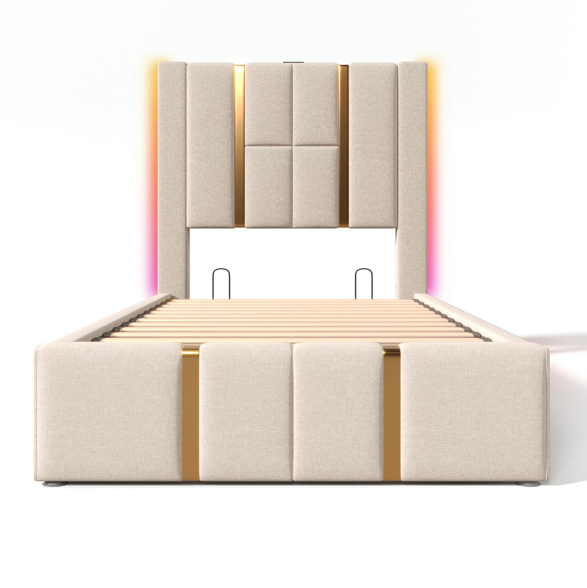 ČALÚNENÁ posteľ z ľanu 90x200 cm béžová s USB a USB-C nabíjaním, LED osvetlením a úložným priestorom - béžová, textil (90/200cm) - Modfu