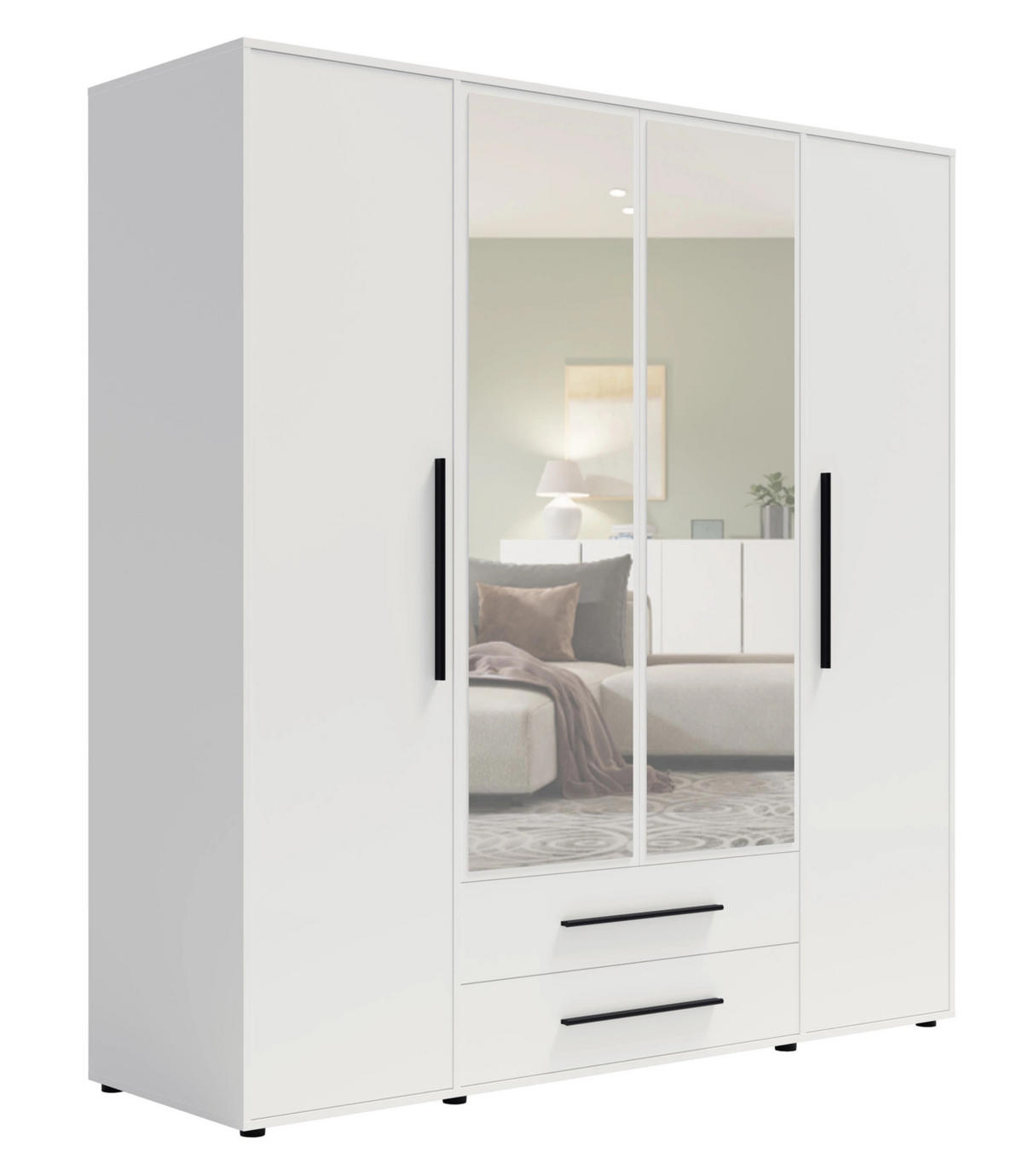 KLEIDERSCHRANK Modena in weißer Farbe, mit Spiegel, mit Tür, mit Türen und Schubladen - Schwarz/Weiß, Holzwerkstoff/Kunststoff (200/206/59cm) - Ravio