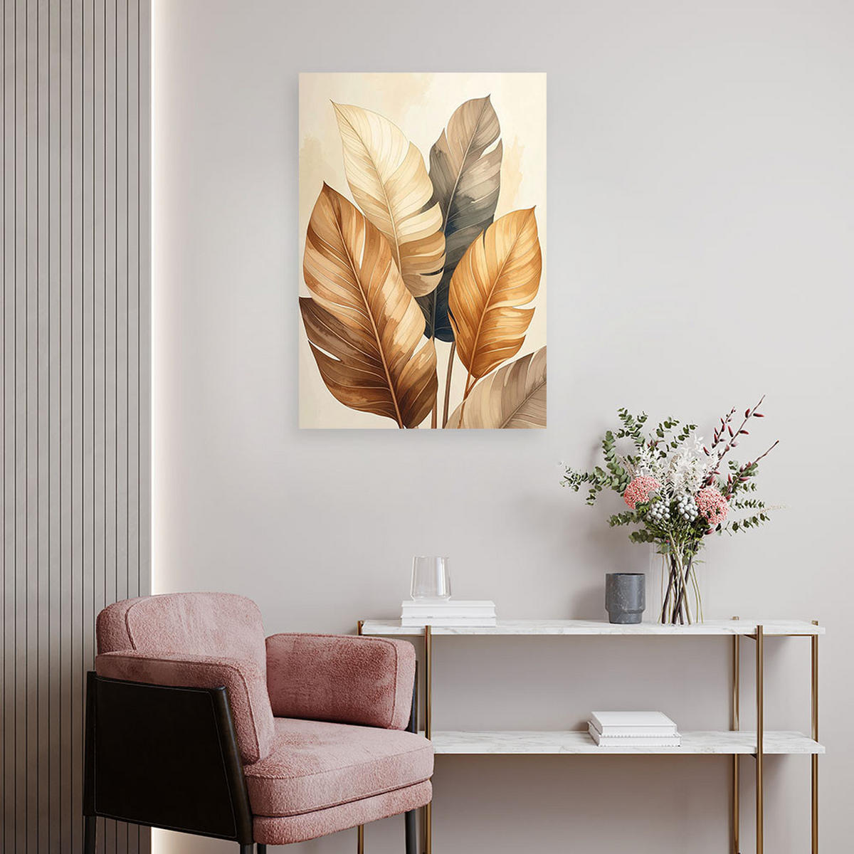 LEINWANDBILD, Goldene tropische Blätter auf einem hellen Hintergrund - Beige, Textil (80/120cm) - Feeby