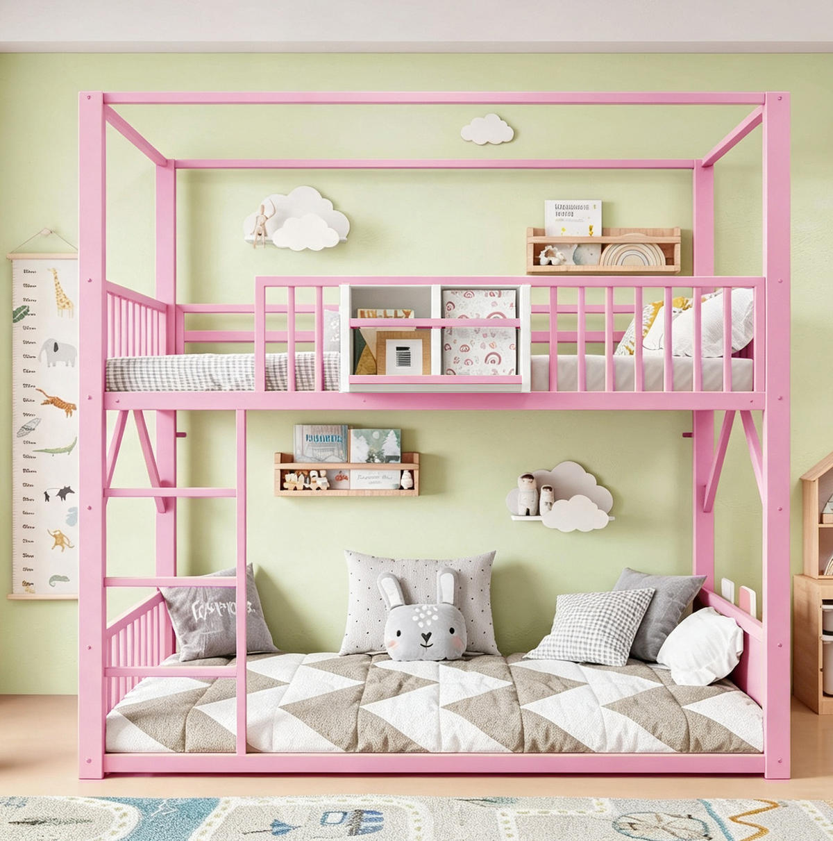 ETAGENBETT aus Metall und MDF 90x200 cm Rosa mit Dachkonstruktion, Regal und Seitentasche - Pink, Metall (90/200cm) - Modfu