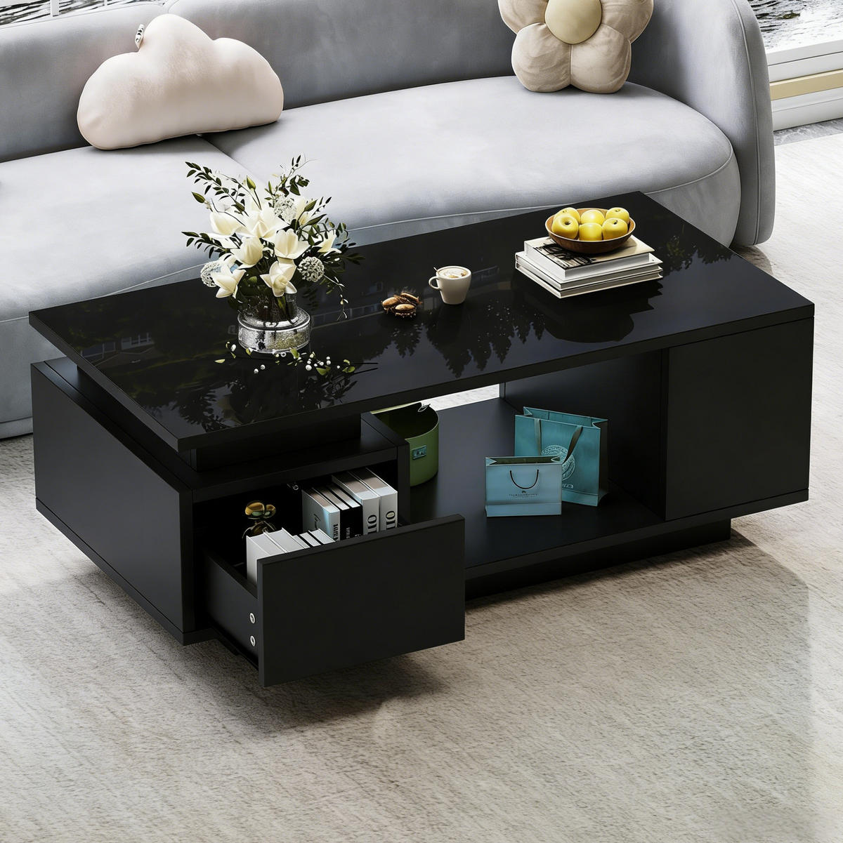 COUCHTISCH aus Spanplatte 100x50x36 cm Schwarz mit LED-Beleuchtung, Schublade und Ablagefächern - Schwarz, Holzwerkstoff (100/50/36cm) - IVMEU