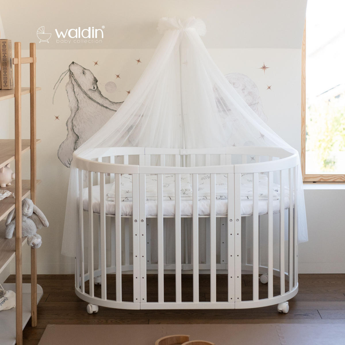 BABYBETT WHITE OVAL 7in1 mit Matratze und Himmelset - Weiß, Holz/Textil