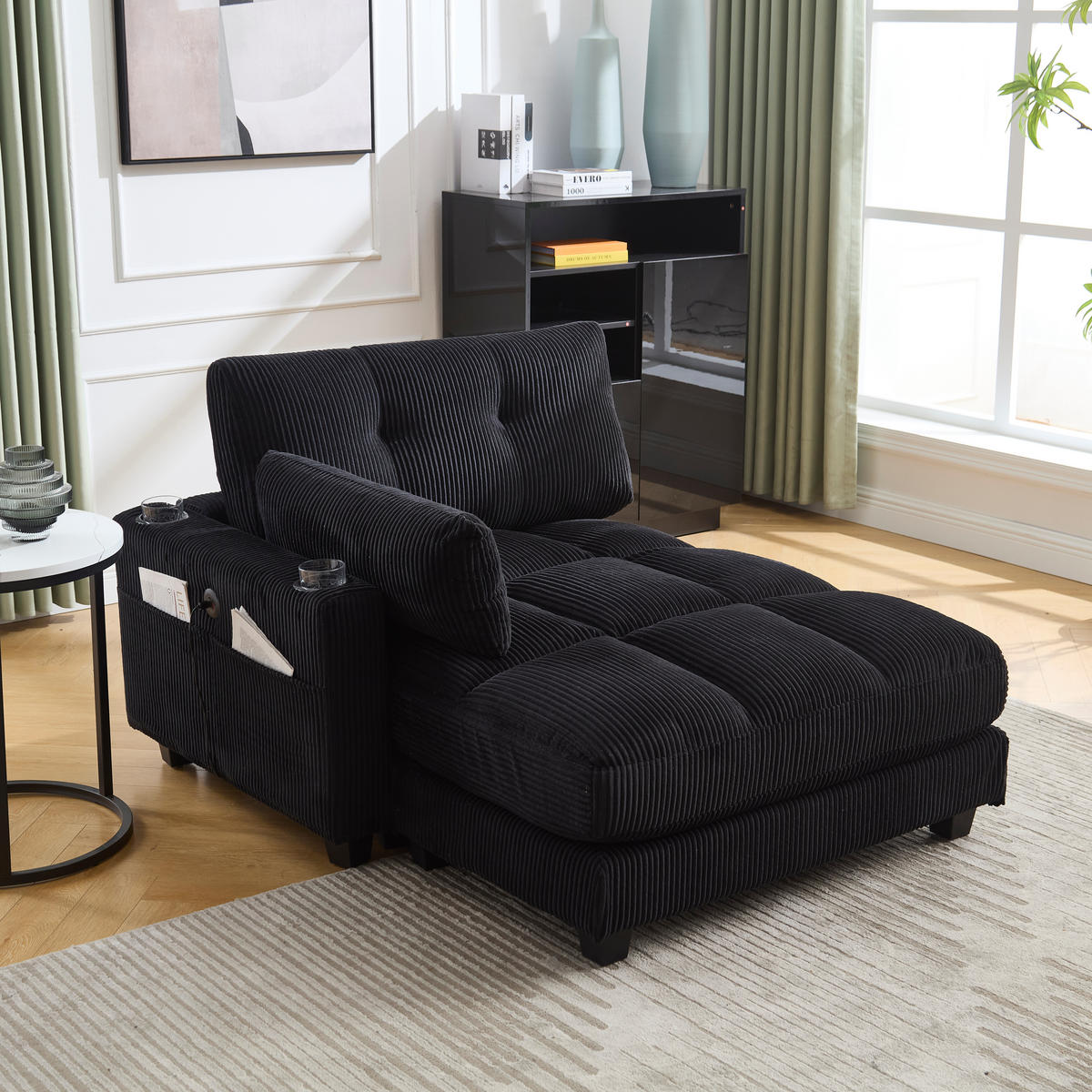 RÉCAMIERE Cord Schwarz mit Getränkehaltern, USB und Seitentasche - Schwarz, Holzwerkstoff/Kunststoff (140/81/121cm) - WISHDOR