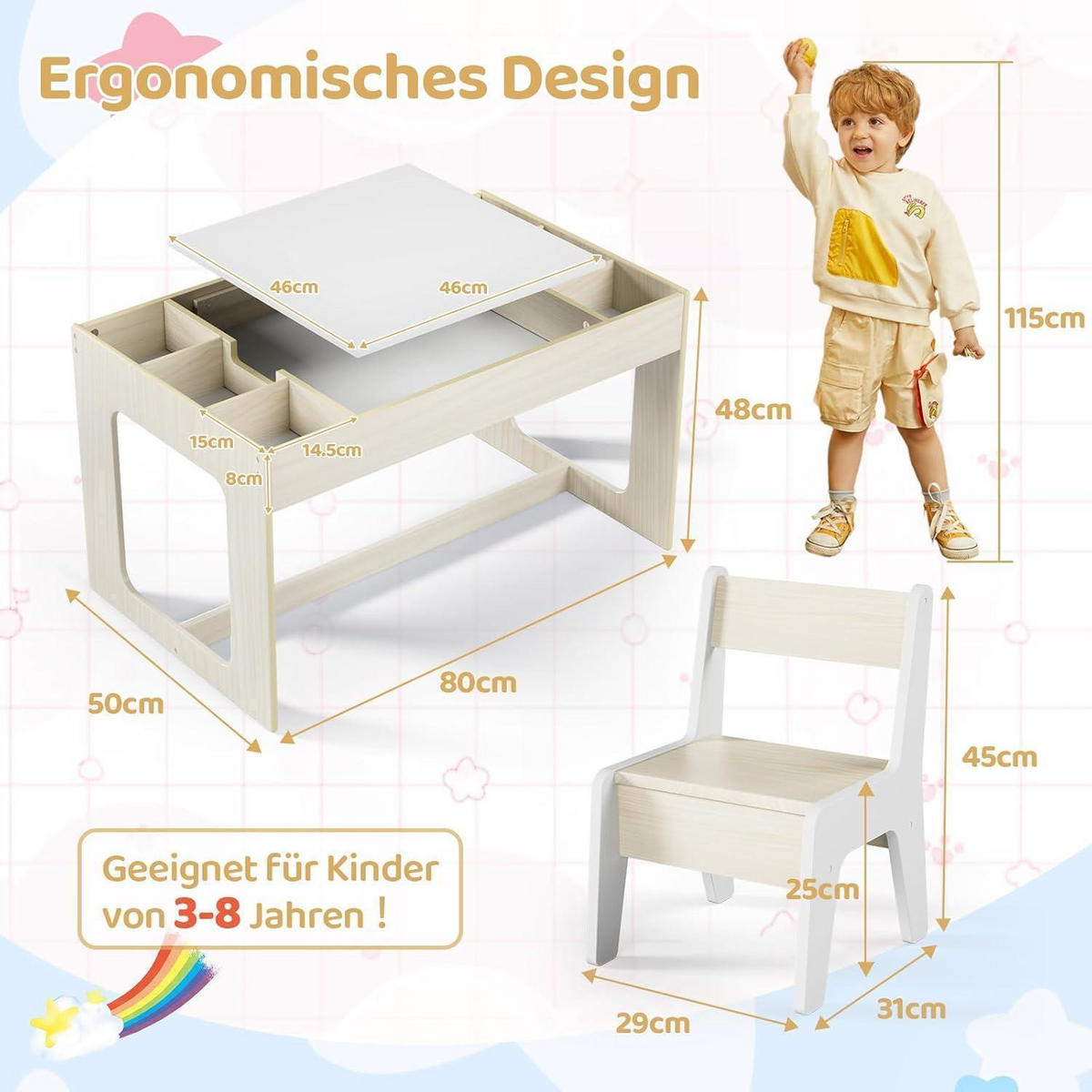 KINDERTISCH-STUHL-SET mit Stauraum Holzoptik mit Weiß 2-teiliges Set - Creme, Holzwerkstoff (48/48/80cm)