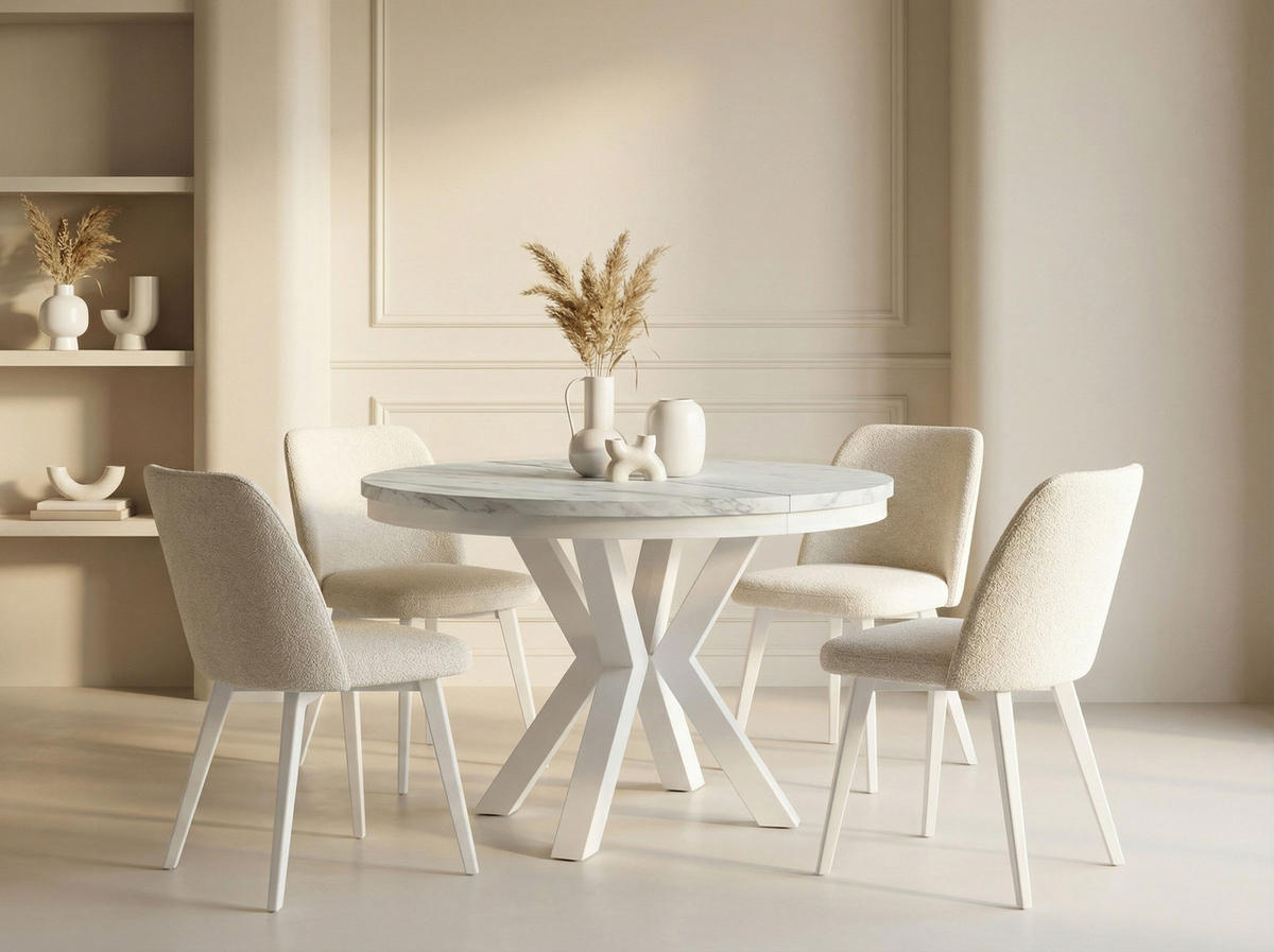 ESSTISCH Clara Weiß runder ausziehbarer, Marmor Weiß 100-180/100/76 cm - Ecru/Weiß, Holzwerkstoff/Metall (100/100/76cm) - WFL GROUP