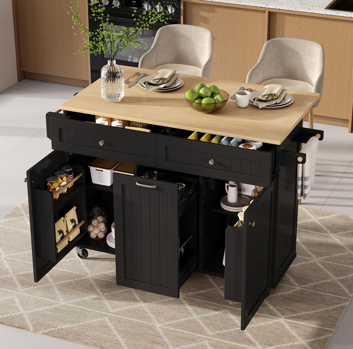 KUCHYŇSKÝ ostrov z MDF 140x40-70x92 cm černý/přírodní s výsuvnou deskou, zásuvkami a kolečky - černá, kompozitní dřevo (140/92/70cm) - Modfu