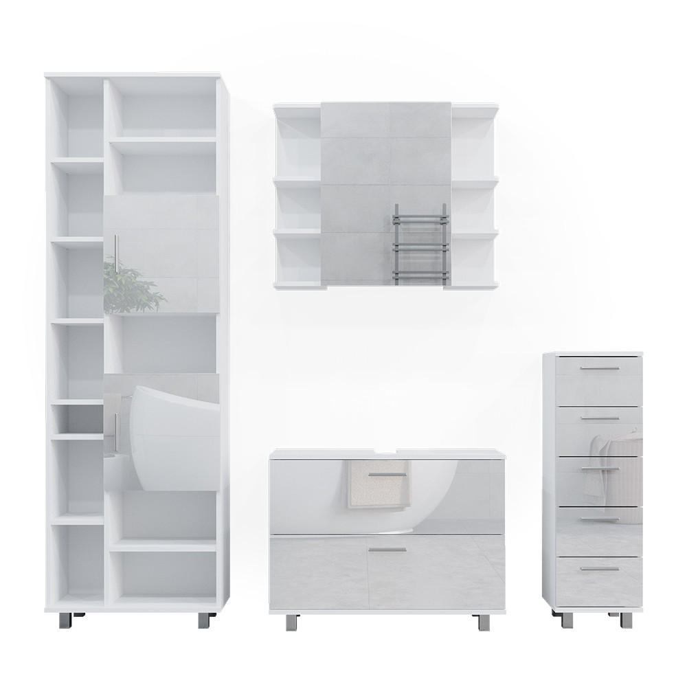 BADMÖBEL-SET Ilias Weiß Hochglanz 4 Teile, mit Hochschrank - Weiß Hochglanz, Holzwerkstoff (80.2/60.8/33cm) - Vicco