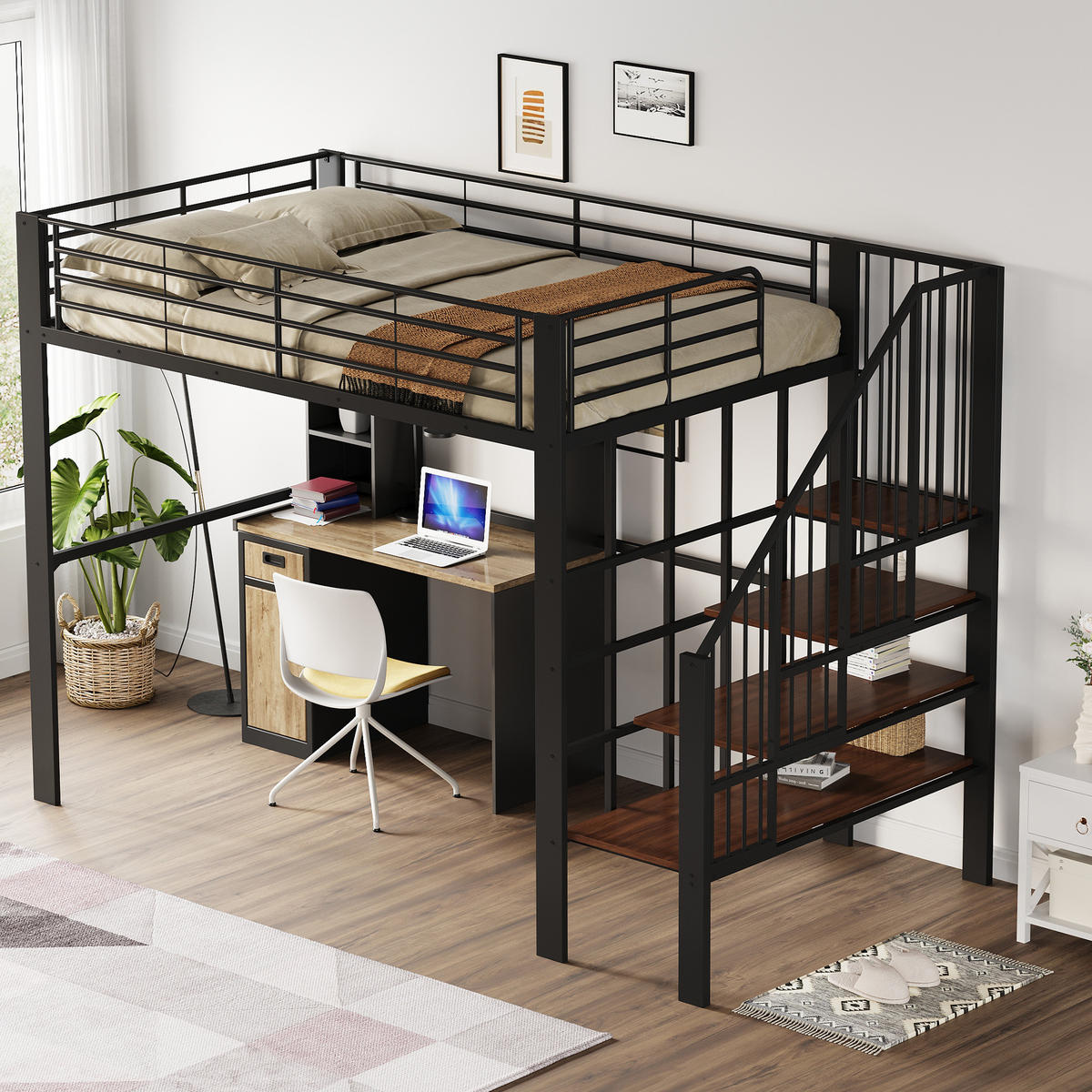 HOCHBETT 140/200 cm, Schwarz mit Stauraum und Treppe - Schwarz, Metall (140/200cm) - MIVRAY